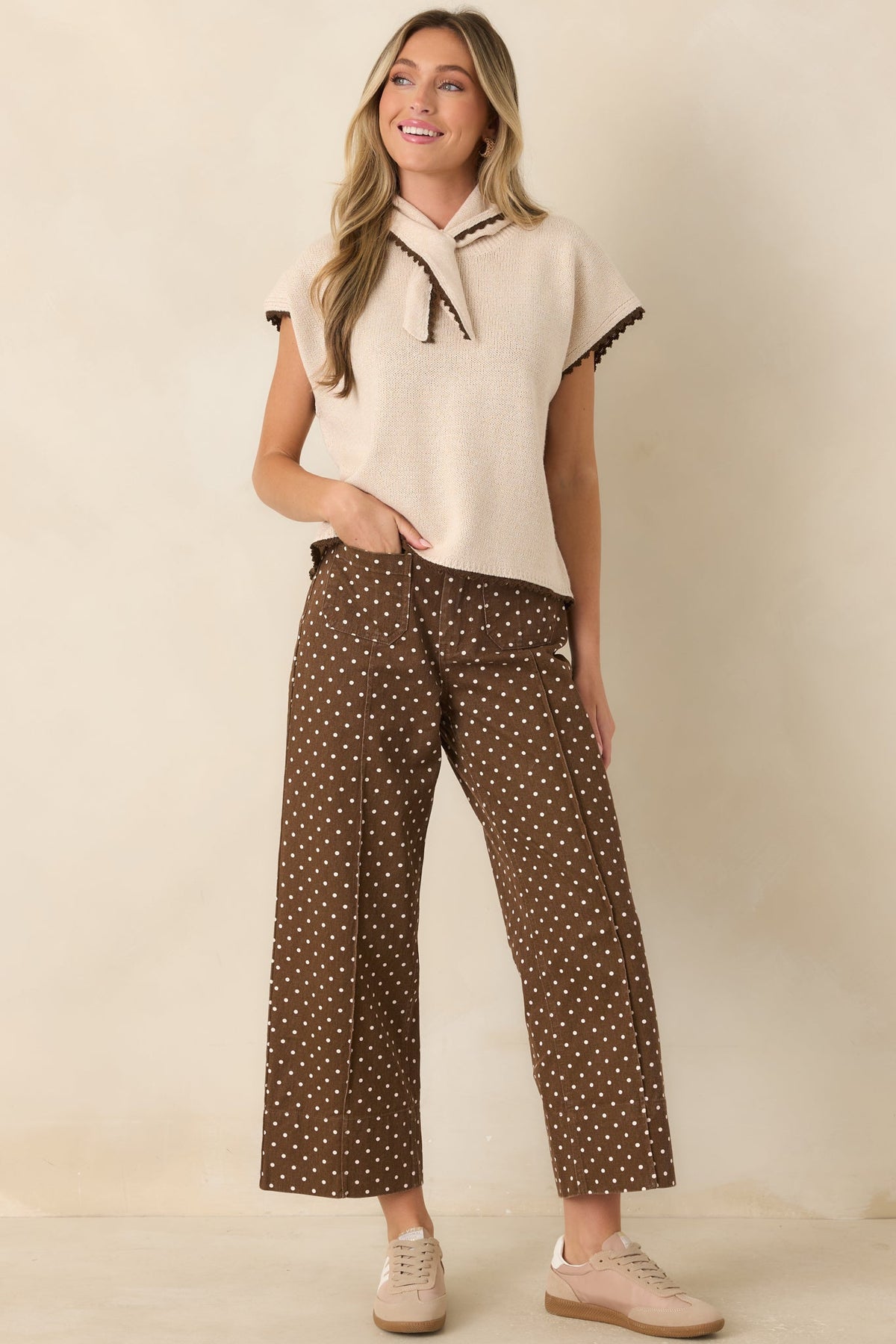 Dot Your Average Brown Cotton Polka Dot Cropped Wide Leg Pants