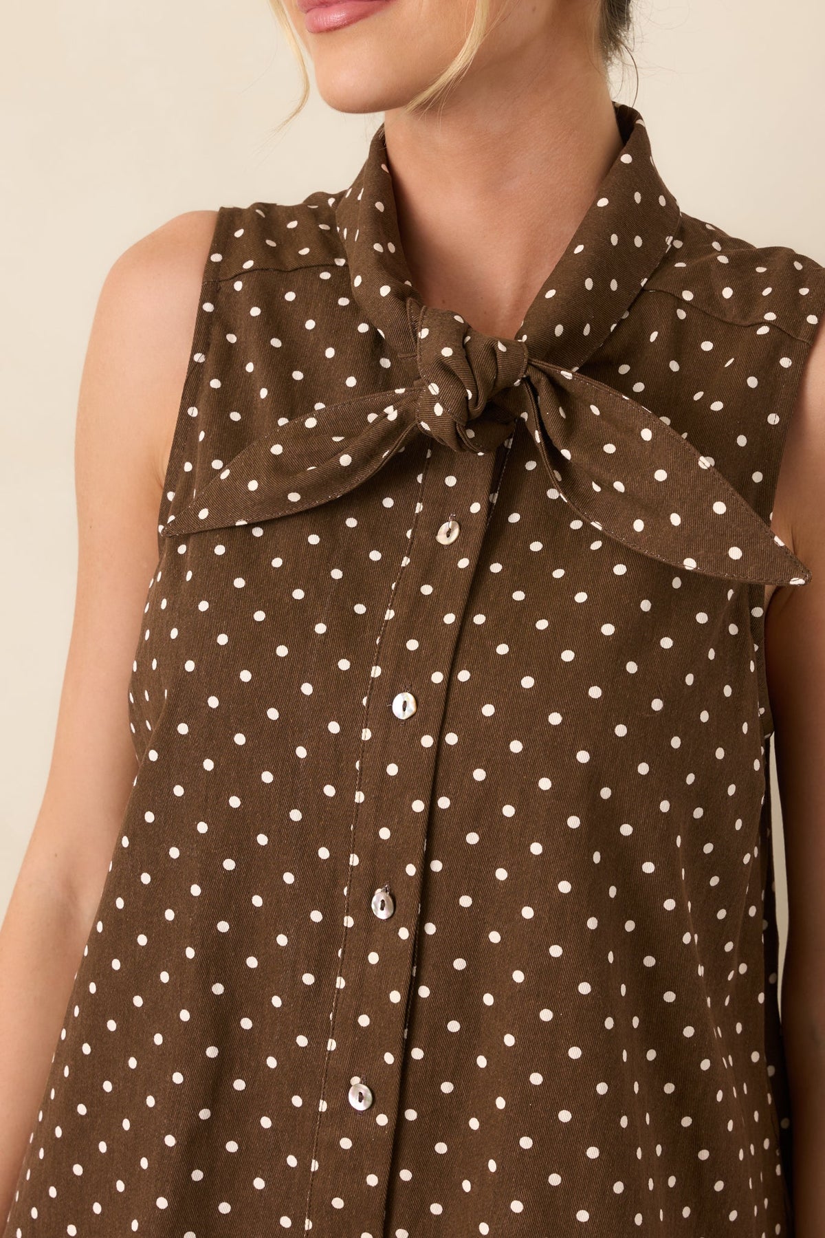 Hard to Overlook Brown Polka Dot Cotton Tie-Neck Mini Dress