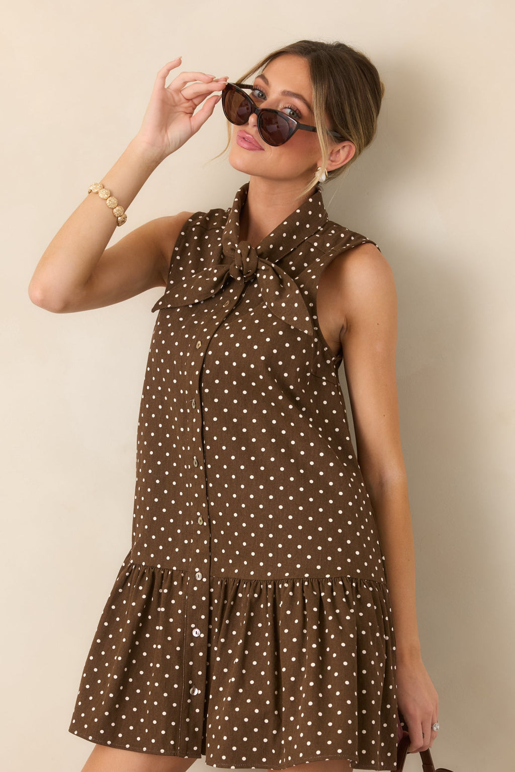 Hard to Overlook Brown Polka Dot Cotton Tie-Neck Mini Dress