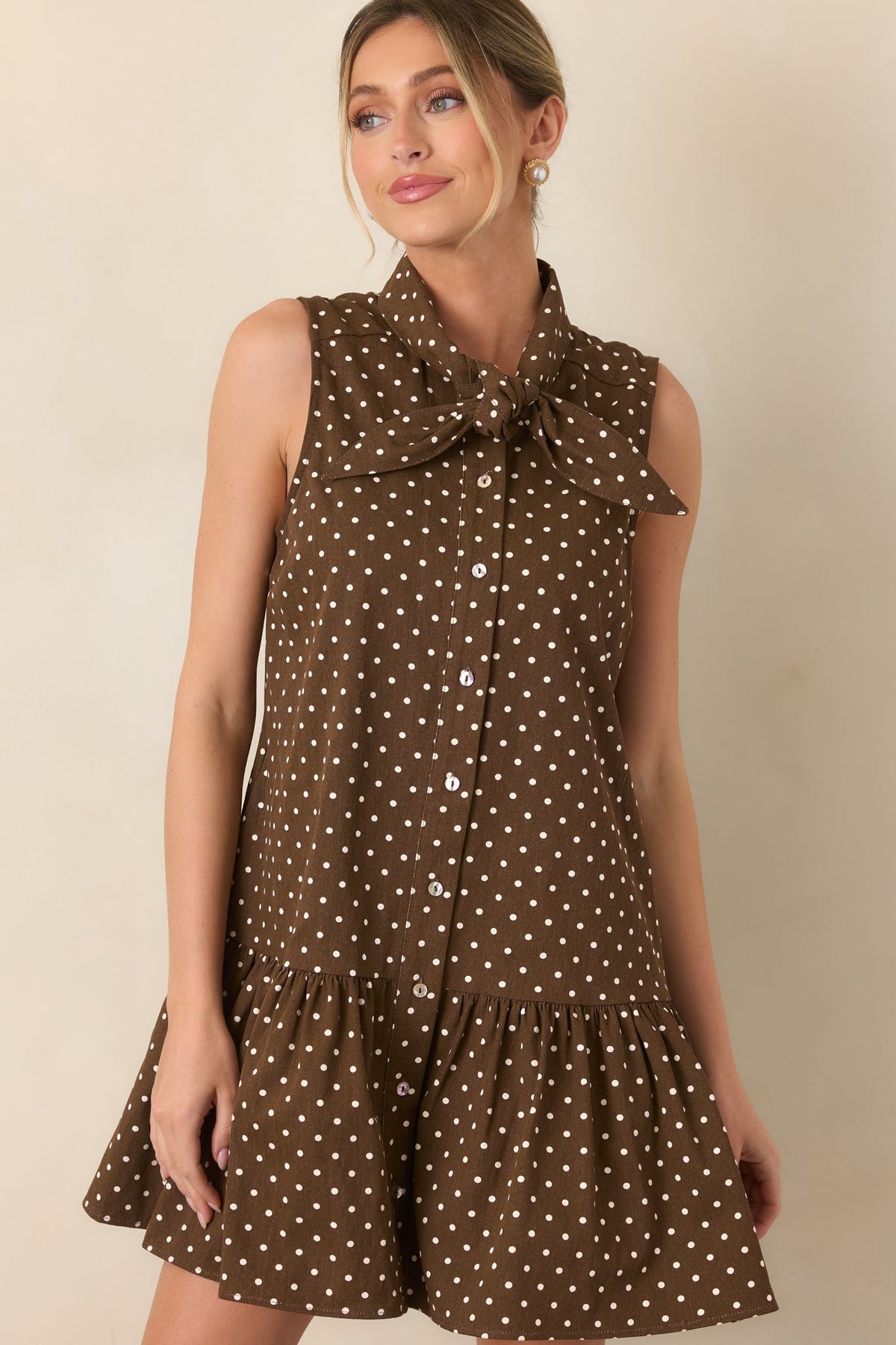 Hard to Overlook Brown Polka Dot Cotton Tie-Neck Mini Dress