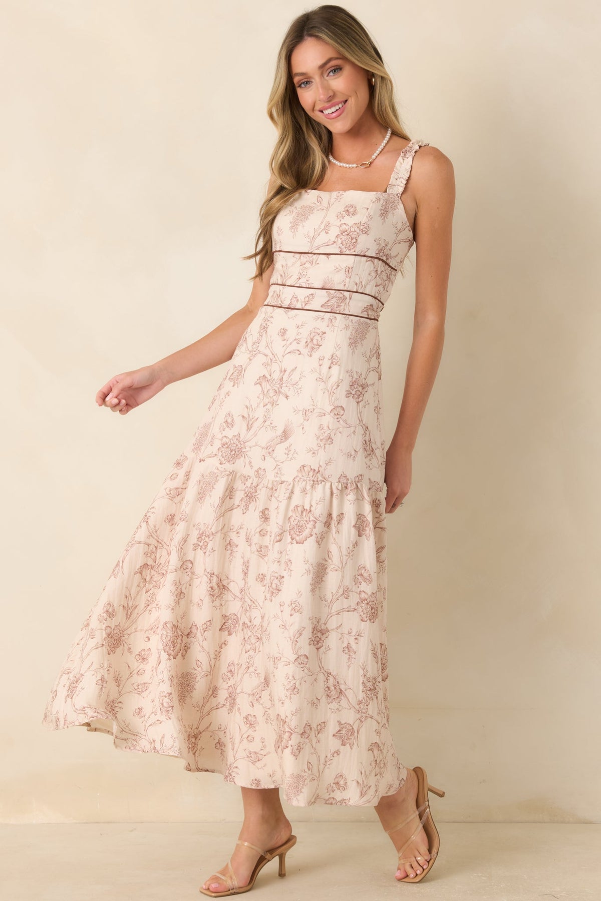 Poetry in Print Ivory & Brown Floral Ruffle Strap Maxi Dress