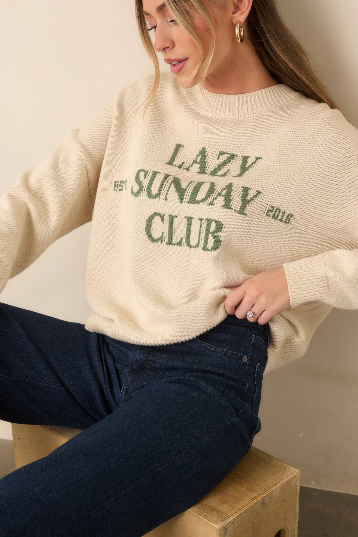 Lazy Sunday Club Ivory Graphic Knit Crewneck Sweater