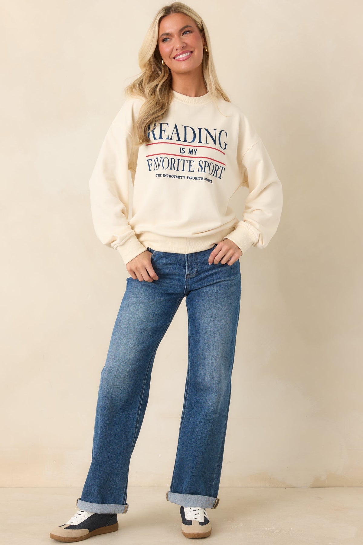 Reading Is My Favorite Sport Ivory Embroidered Cotton Sweatshirt