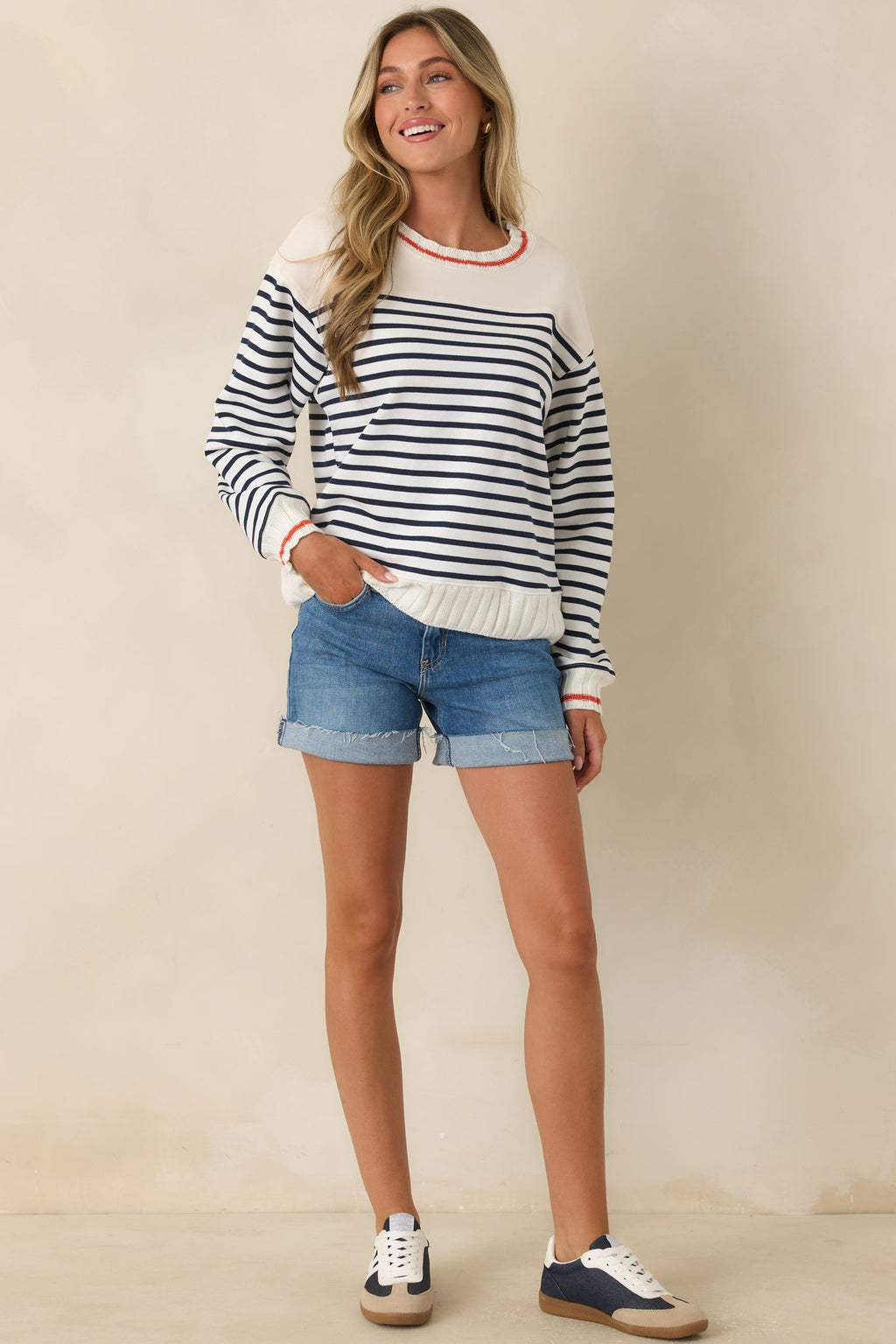 Wherever the Day Goes Ivory & Navy Stripe Cotton Blend Pullover