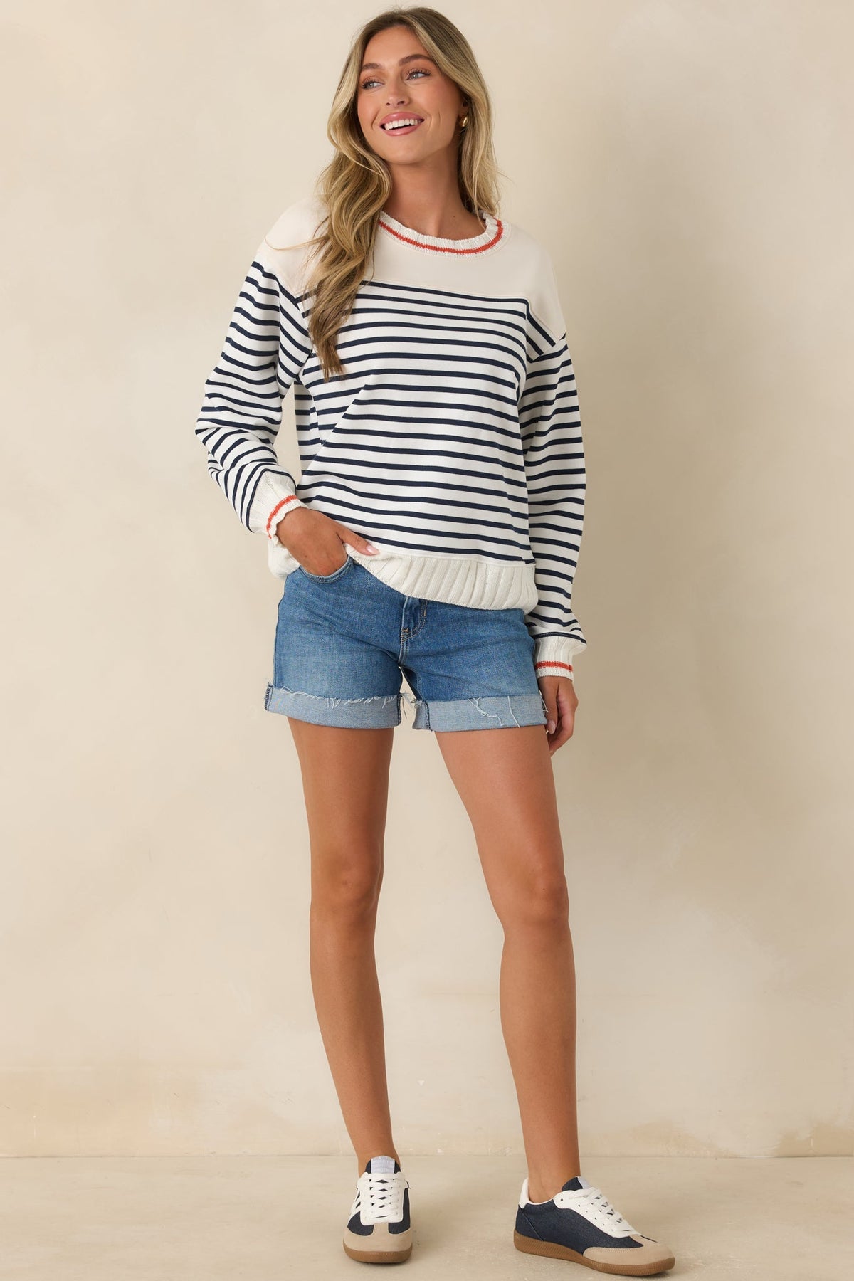 Wherever the Day Goes Ivory & Navy Stripe Cotton Blend Pullover
