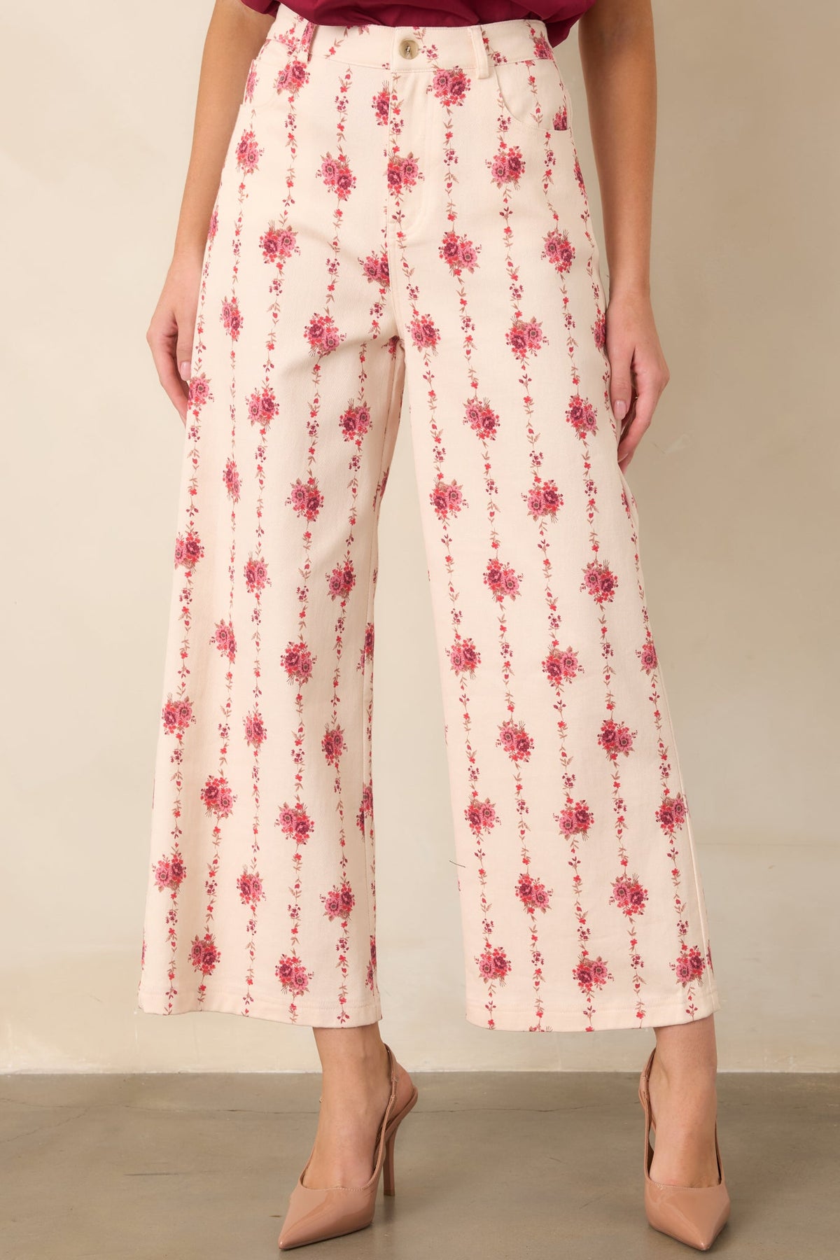 Rose Trellis Ivory Floral Cotton Wide Leg Pants