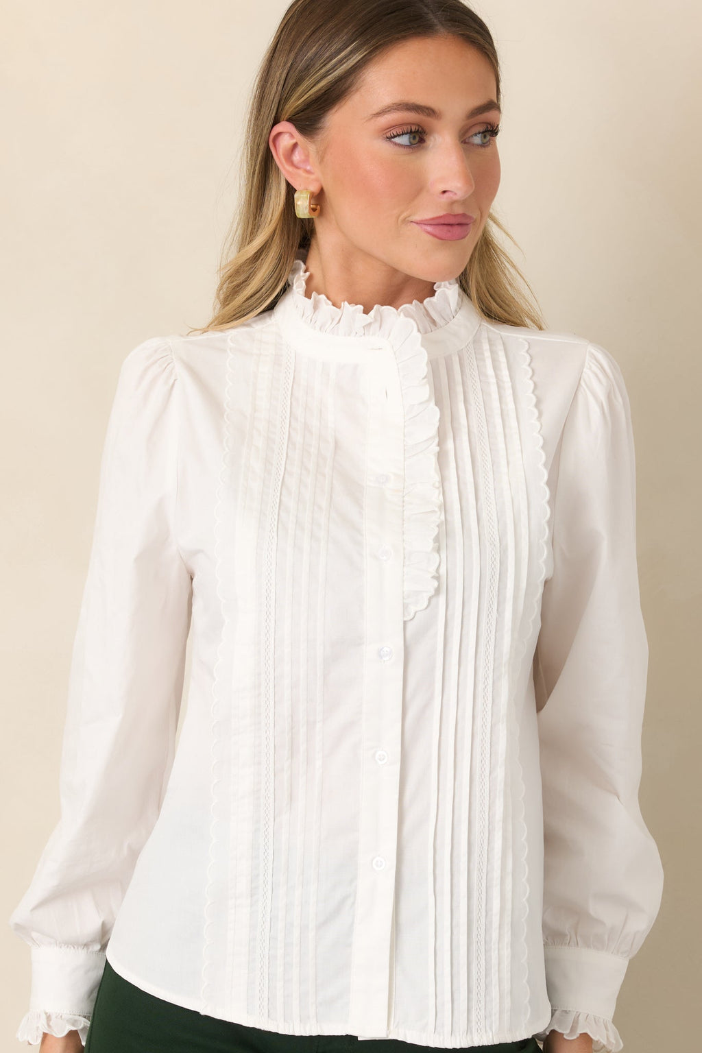 Up In The Air Ivory Ruffle Pintuck Button-Up Blouse