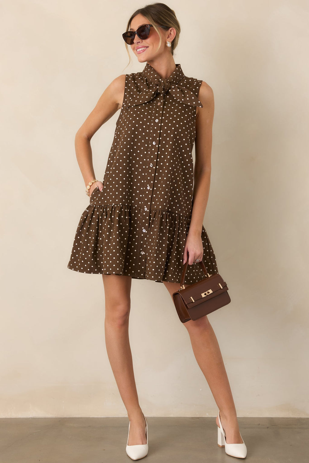 Hard to Overlook Brown Polka Dot Cotton Tie-Neck Mini Dress