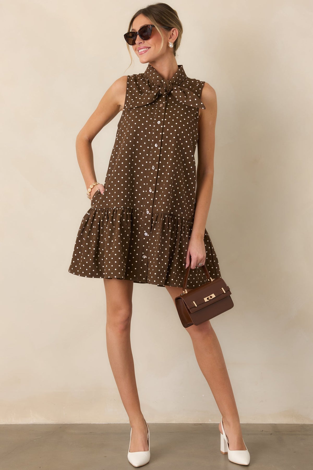 Hard to Overlook Brown Polka Dot Cotton Tie-Neck Mini Dress