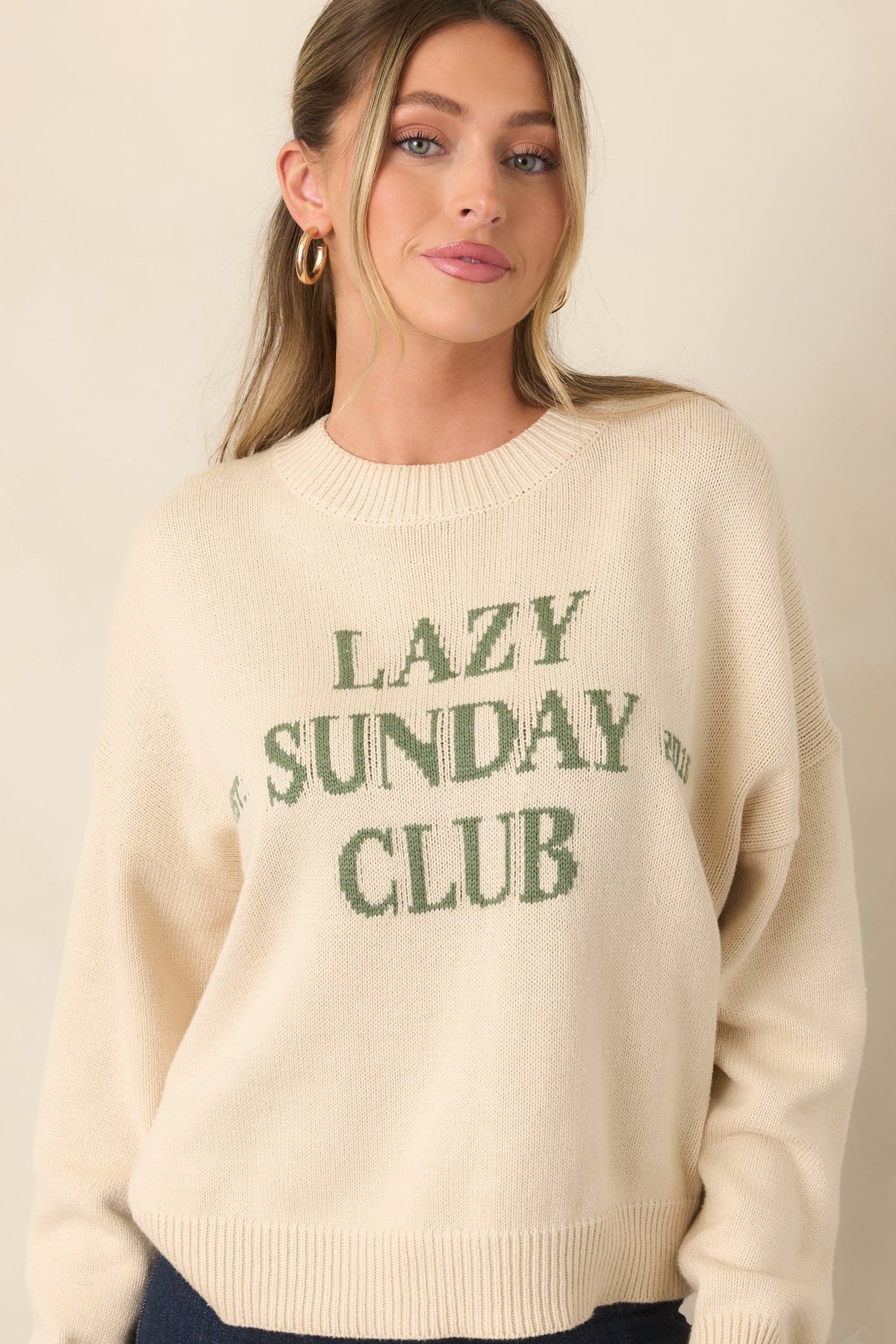 Lazy Sunday Club Ivory Graphic Knit Crewneck Sweater