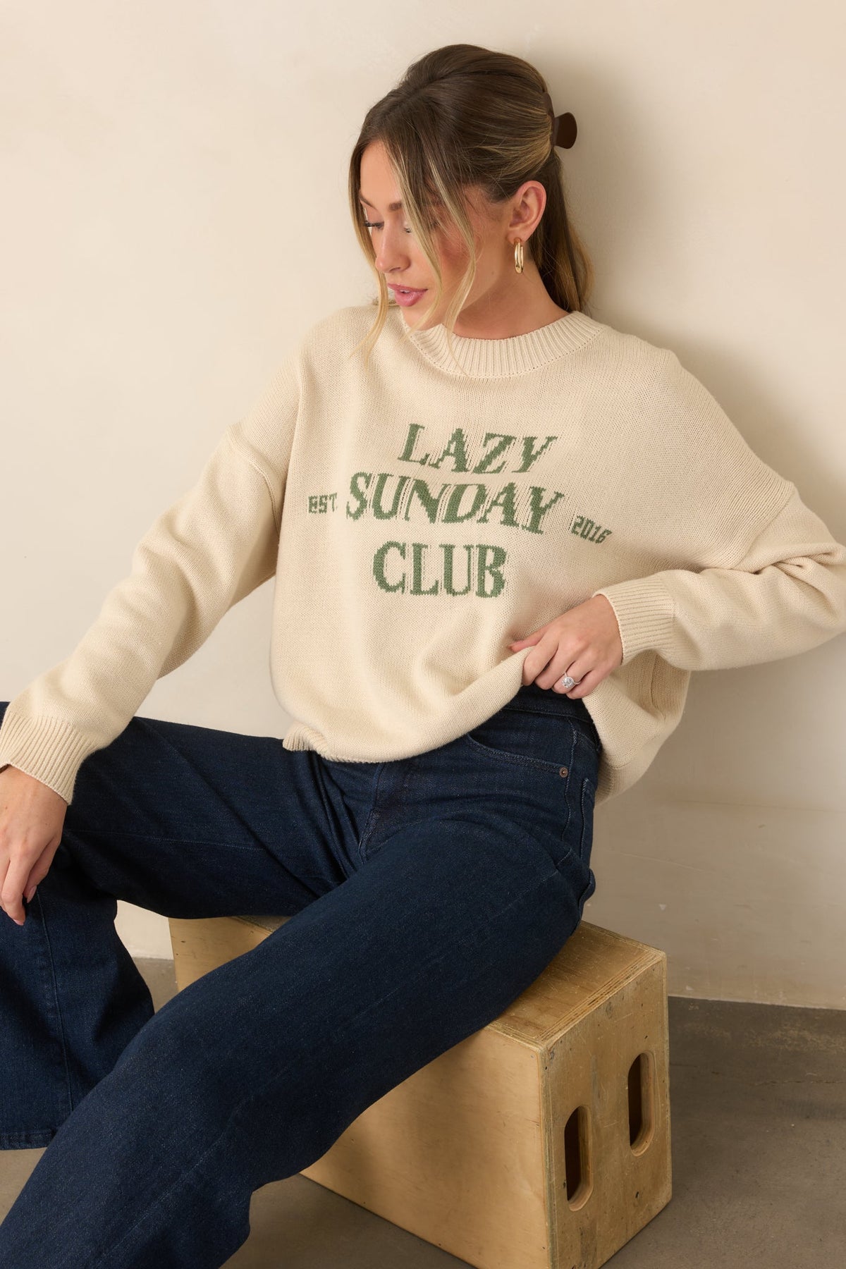 Lazy Sunday Club Ivory Graphic Knit Crewneck Sweater