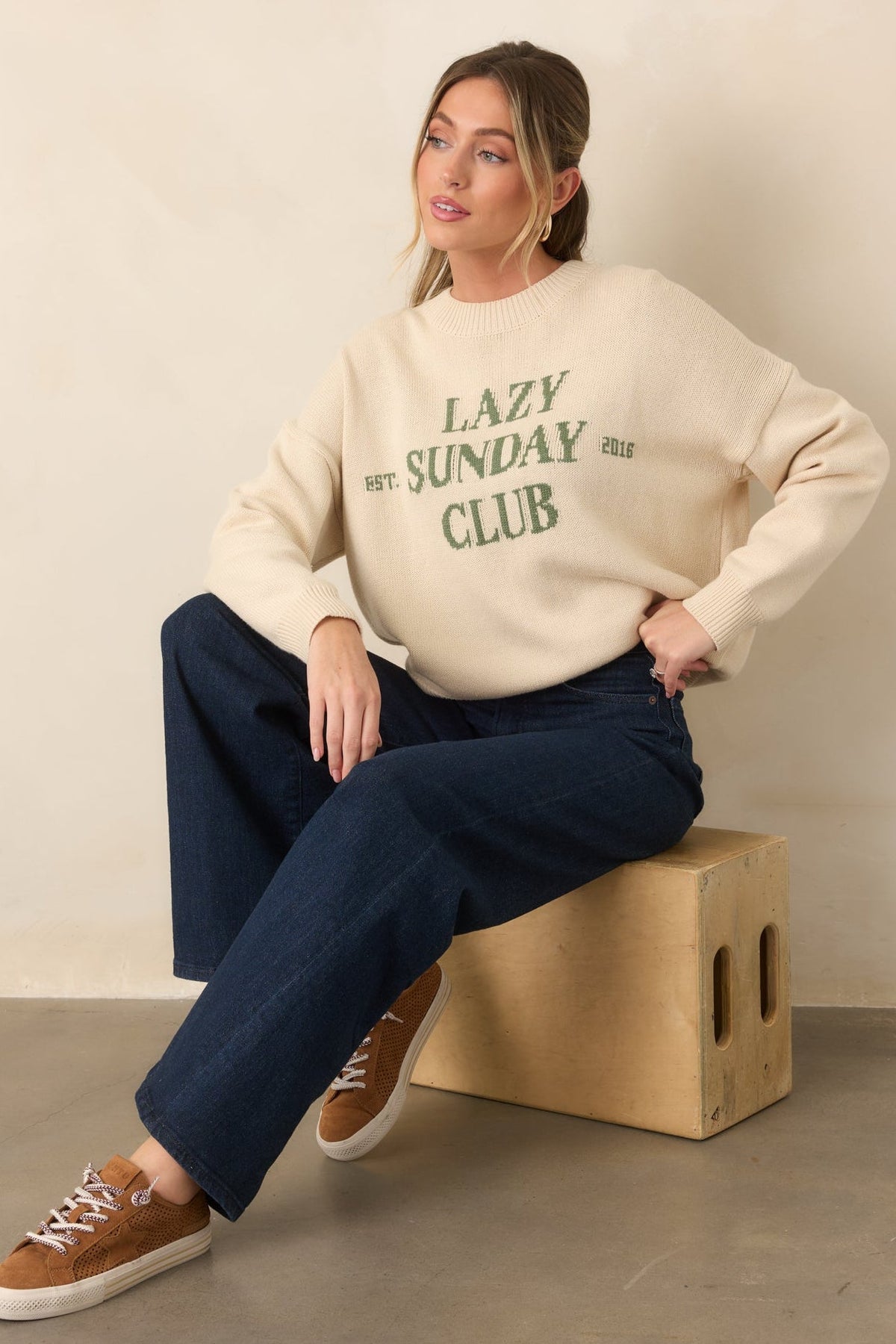 Lazy Sunday Club Ivory Graphic Knit Crewneck Sweater