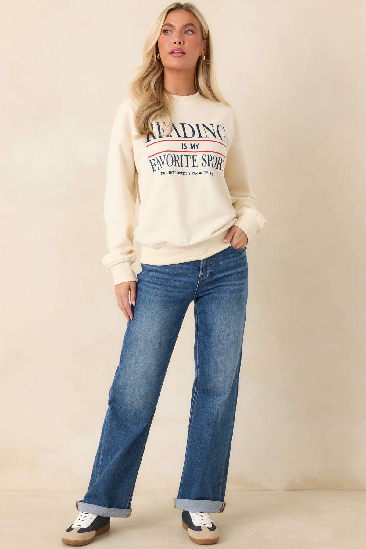 Reading Is My Favorite Sport Ivory Embroidered Cotton Sweatshirt