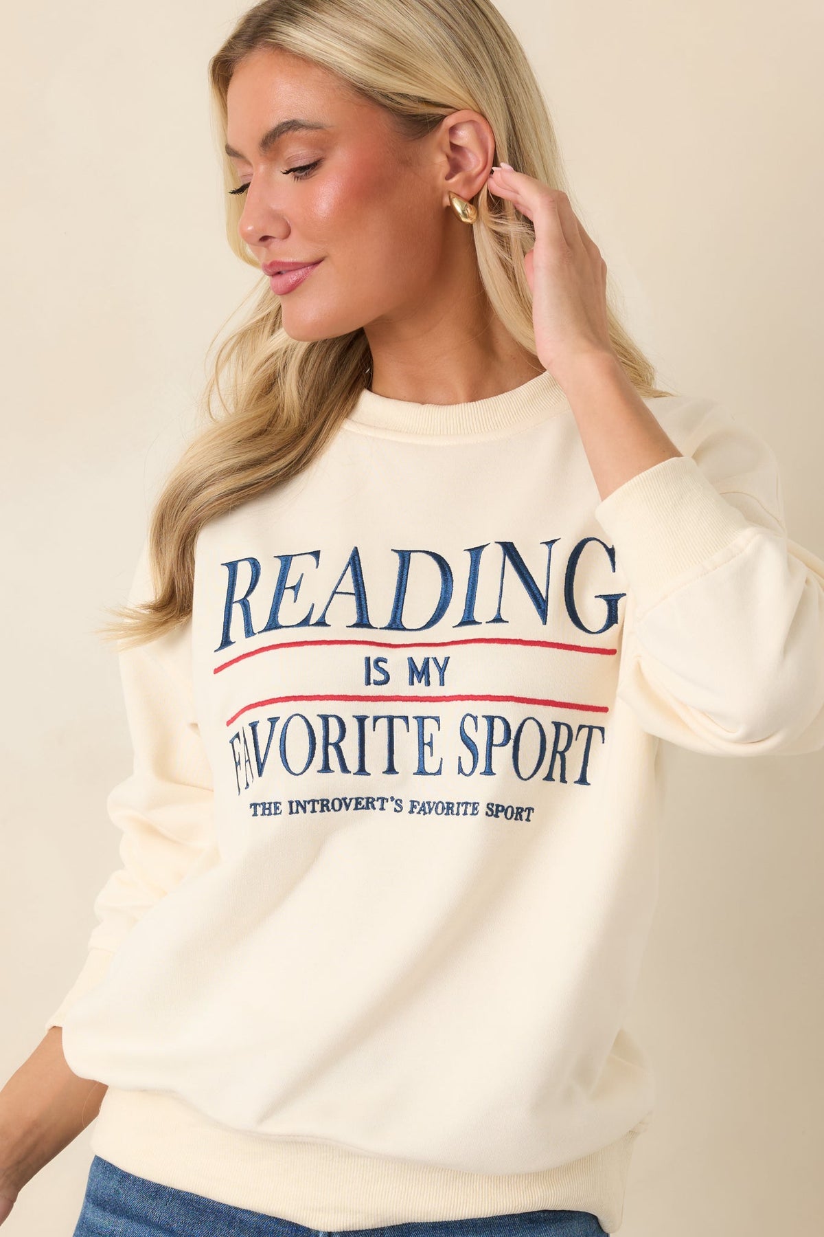 Reading Is My Favorite Sport Ivory Embroidered Cotton Sweatshirt