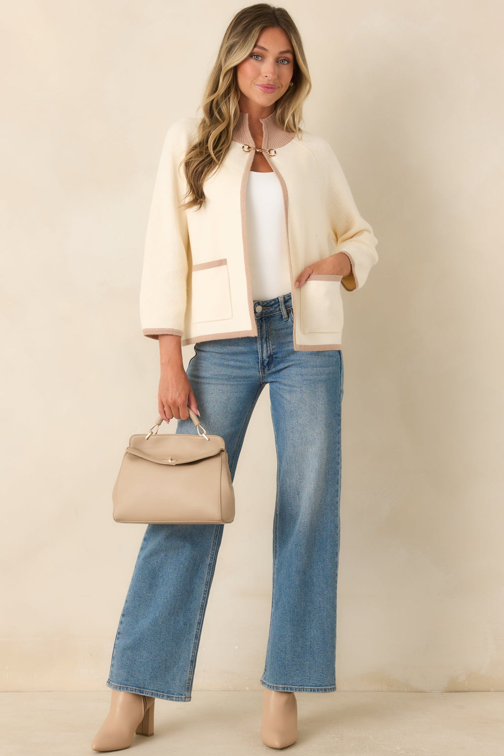 That Should Do It Ivory Contrast Trim Horsebit Cardigan