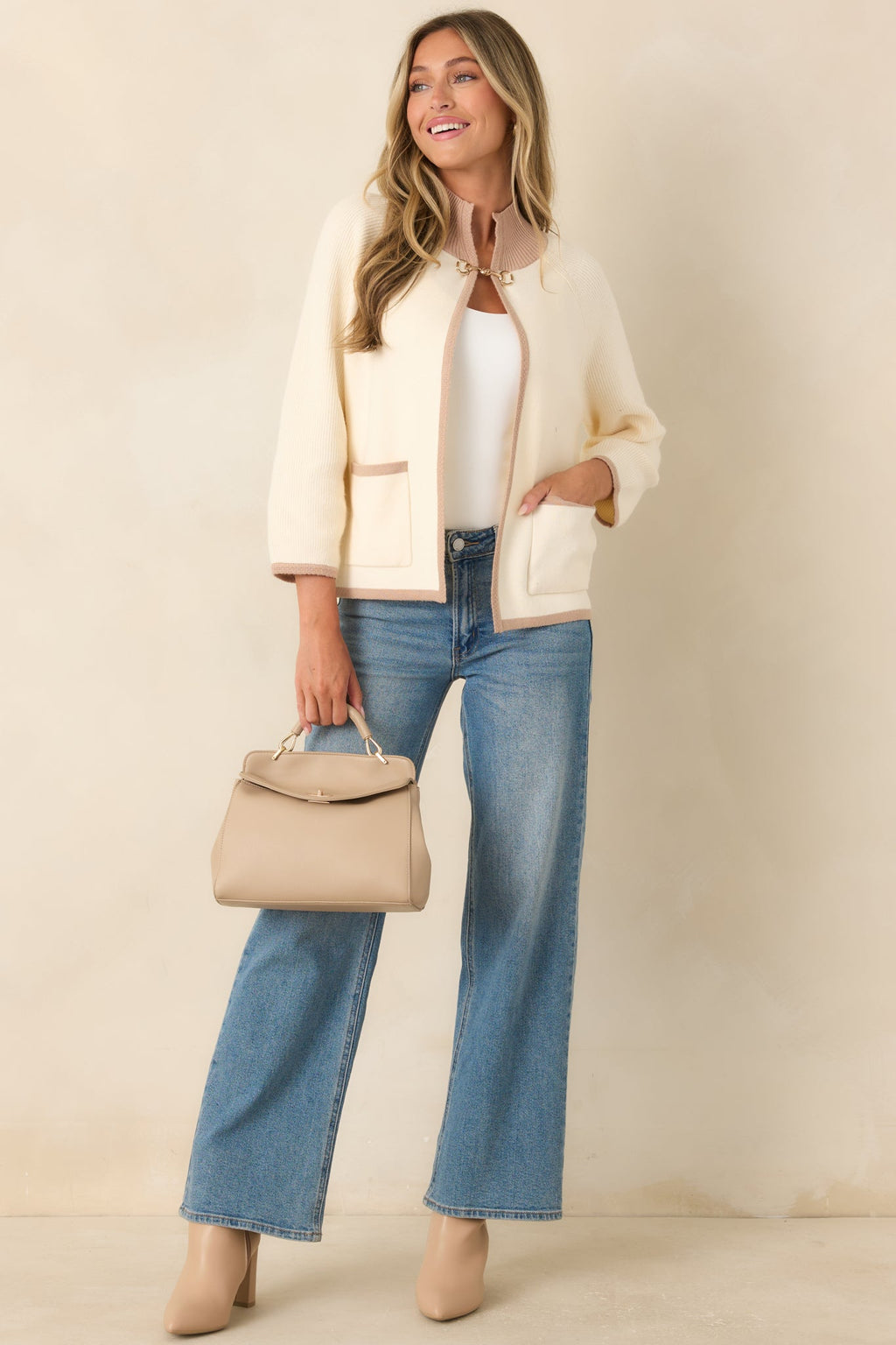 That Should Do It Ivory Contrast Trim Horsebit Cardigan
