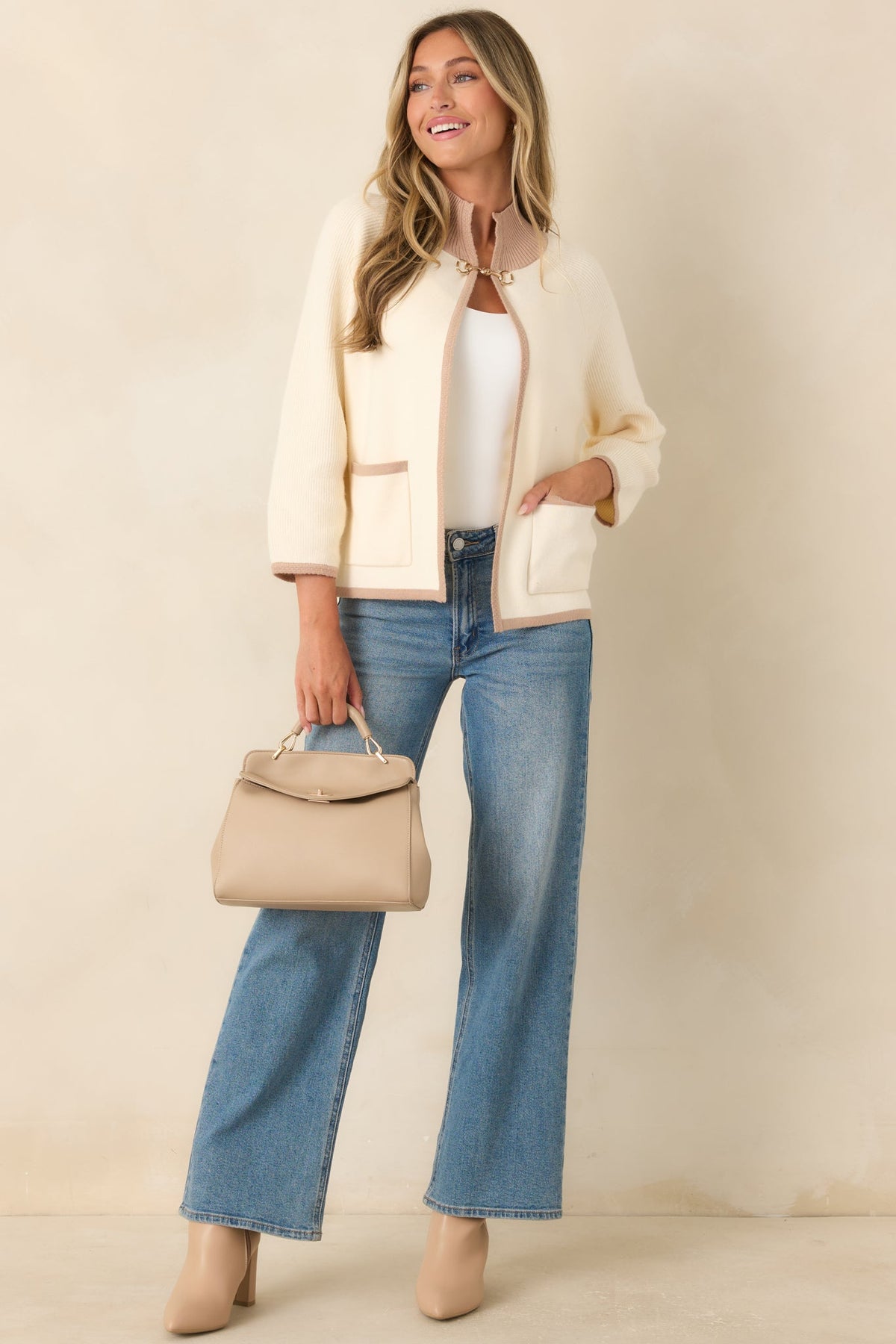 That Should Do It Ivory Contrast Trim Horsebit Cardigan