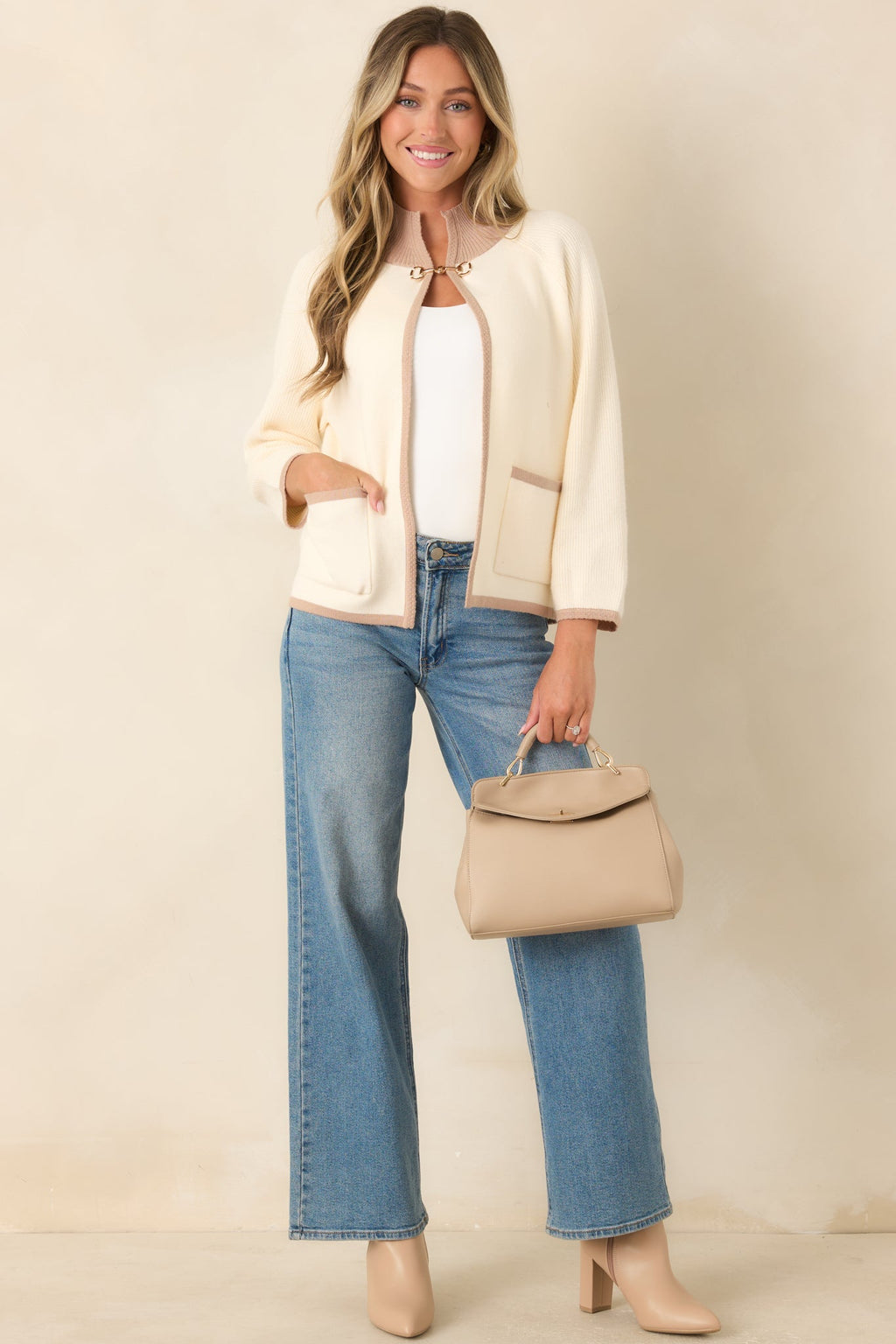 That Should Do It Ivory Contrast Trim Horsebit Cardigan