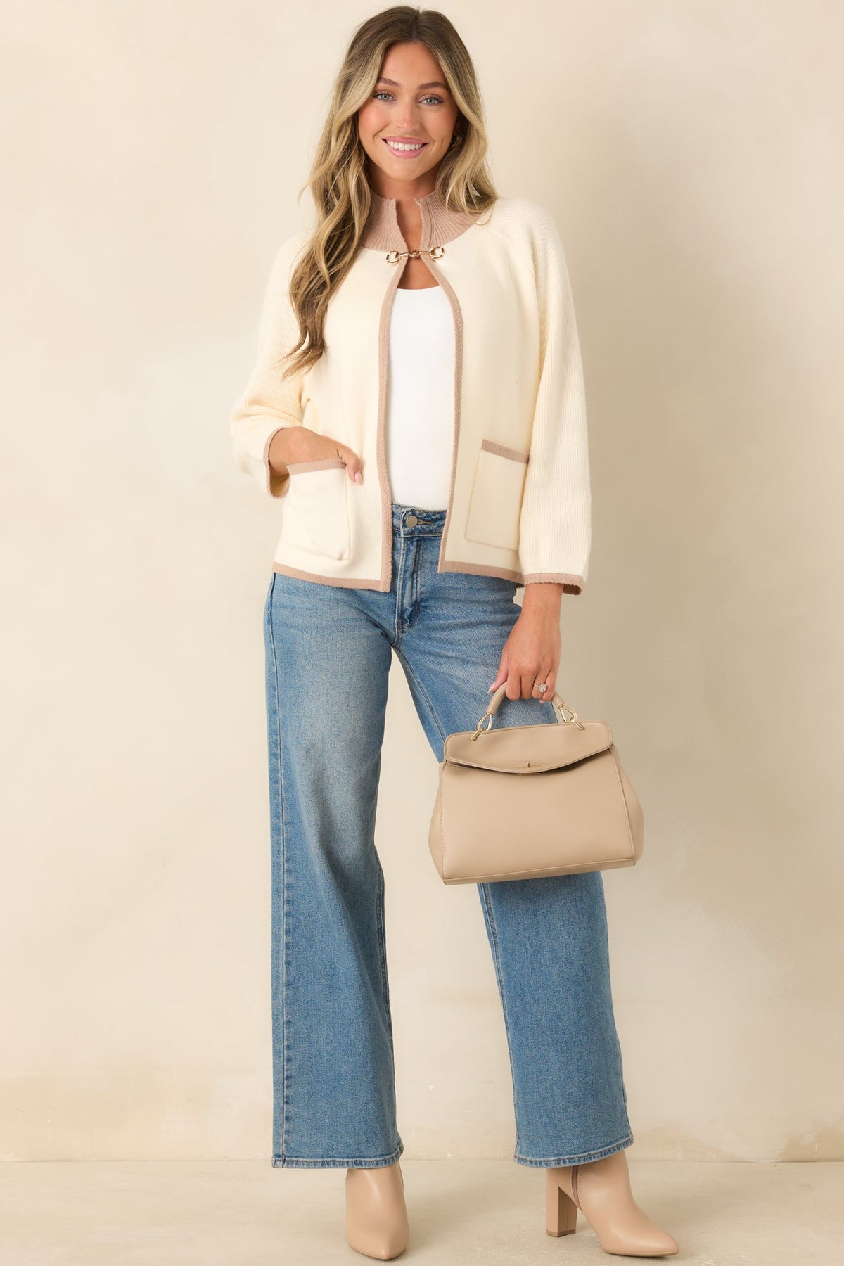 That Should Do It Ivory Contrast Trim Horsebit Cardigan