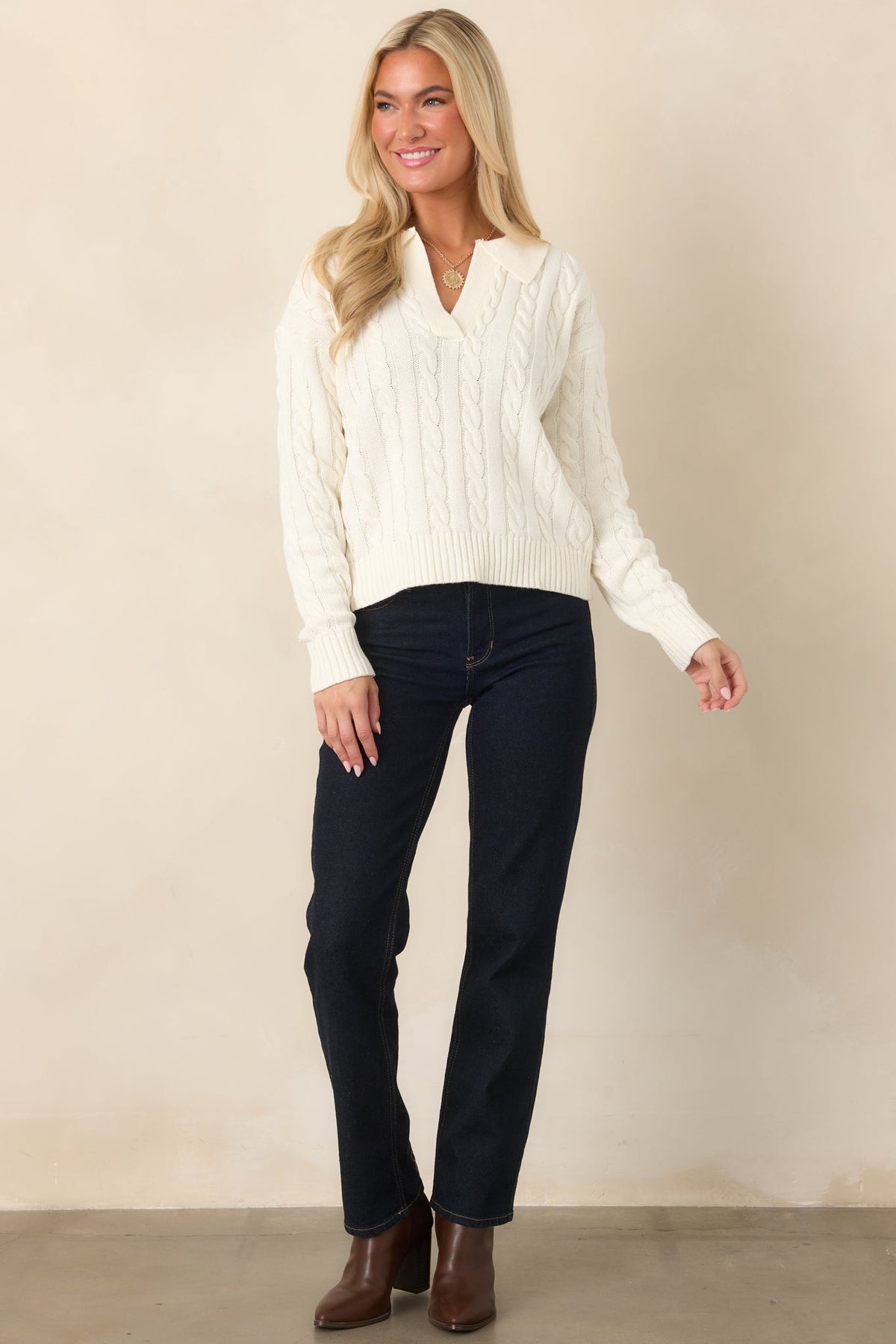 Cozy Classic Ivory Cable-Knit Collared Sweater