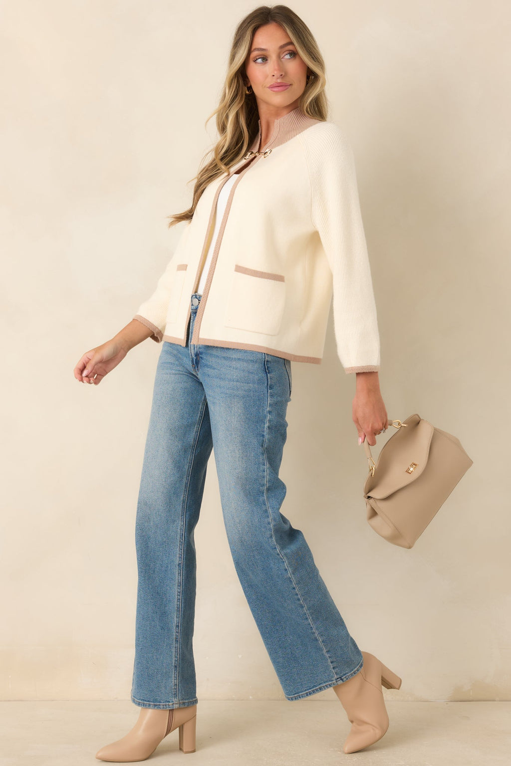 That Should Do It Ivory Contrast Trim Horsebit Cardigan