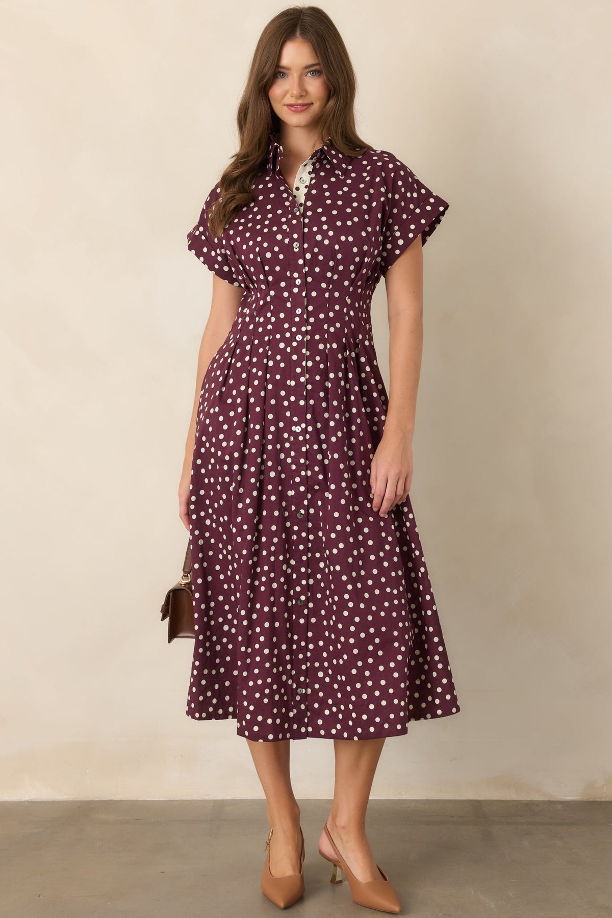 Making a Point Plum & Ivory Polka Dot Cotton Midi Shirt Dress
