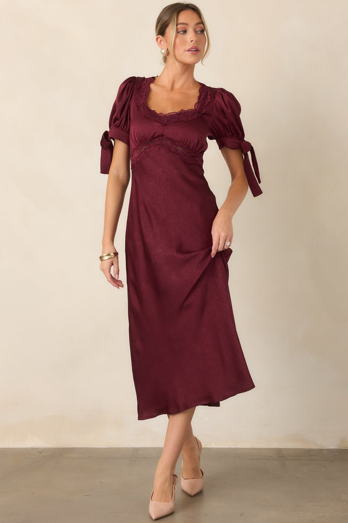 More Than a Feeling Burgundy Satin Lace Trim Midi Dress