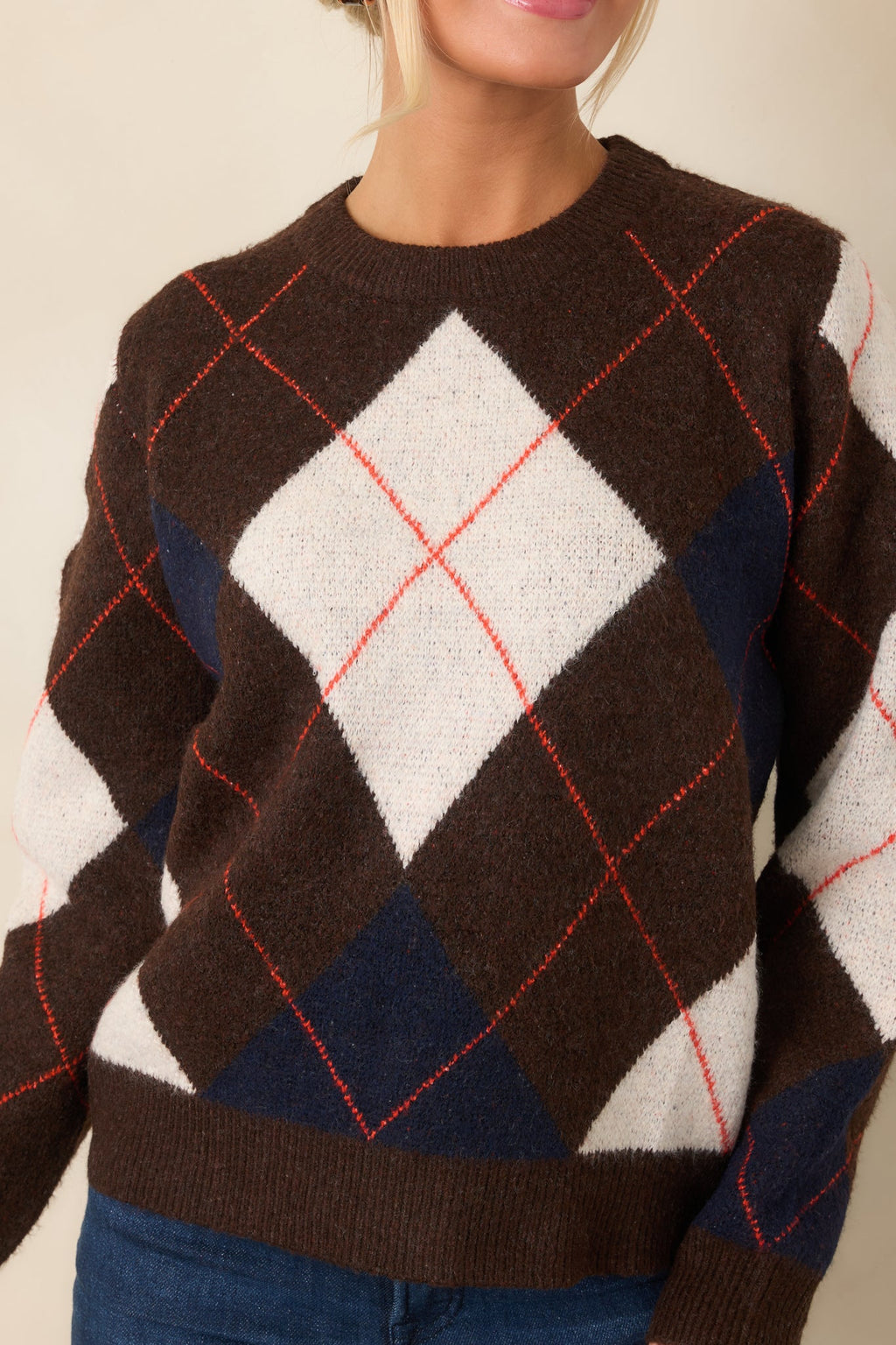 It All Checks Out Brown Multi Argyle Crewneck Sweater