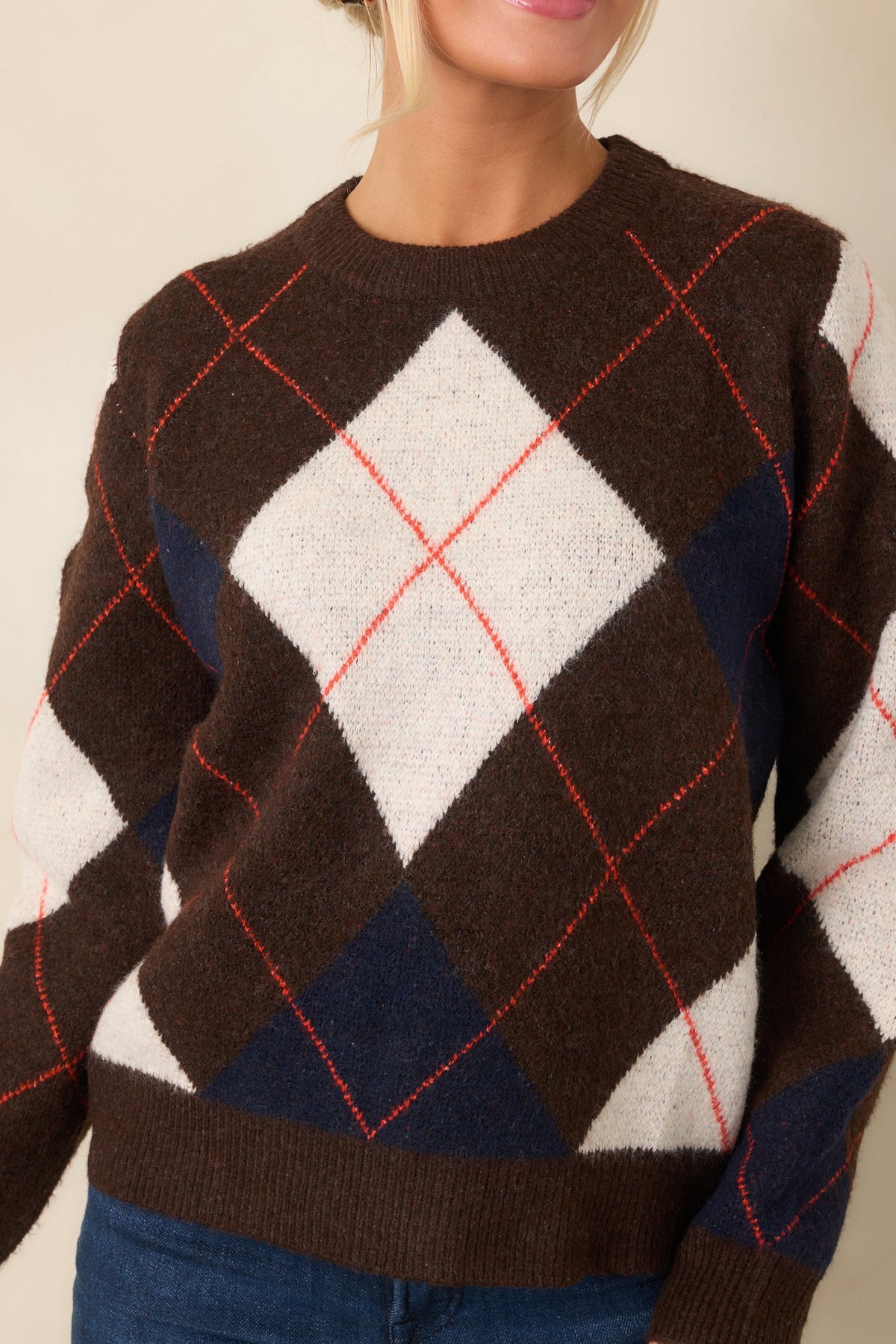 It All Checks Out Brown Multi Argyle Crewneck Sweater