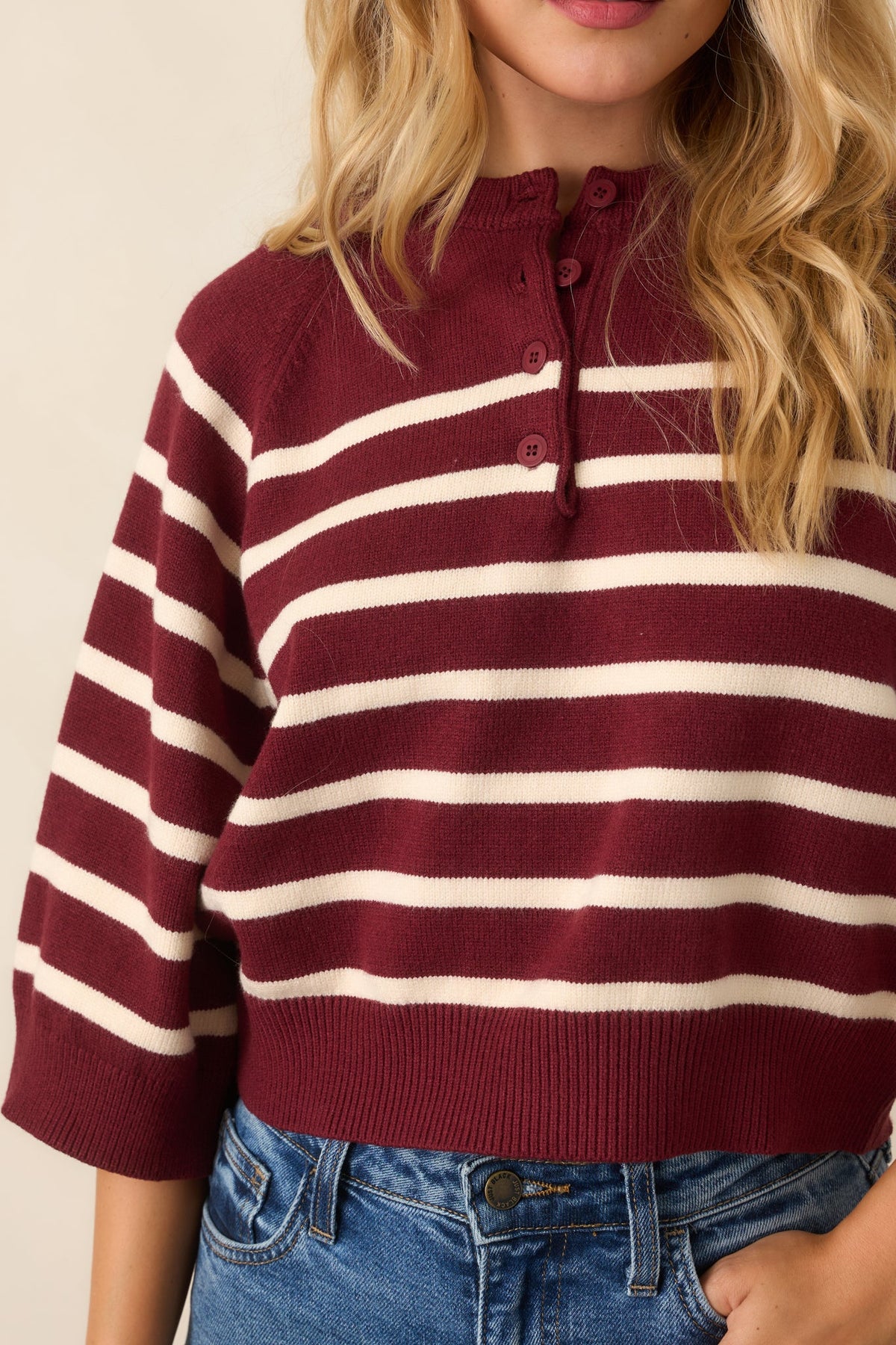 Right in Line Burgundy & Ivory Striped Henley Knit Sweater