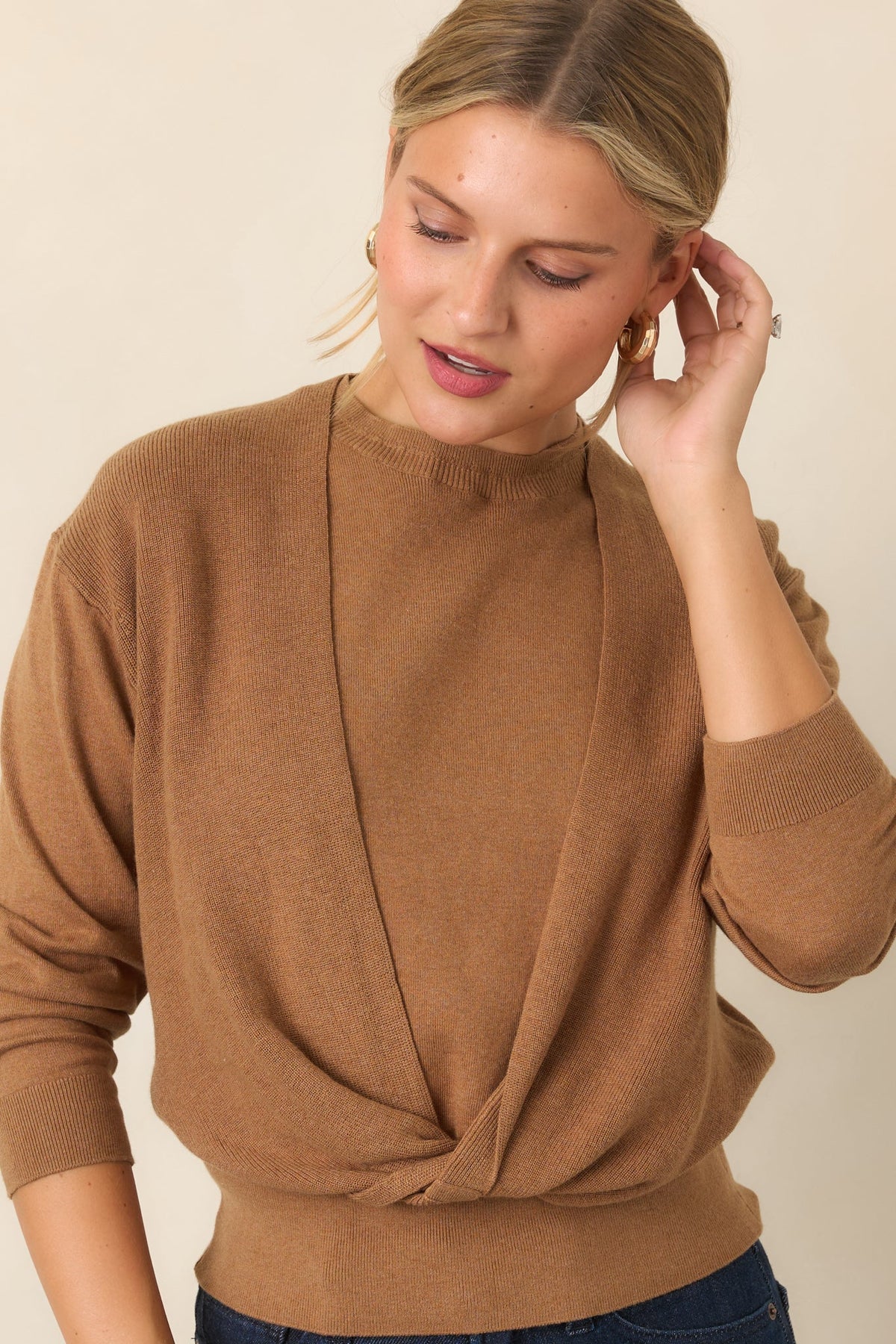 Fine By Me Camel Cotton Cashmere Blend Twist Front Sweater