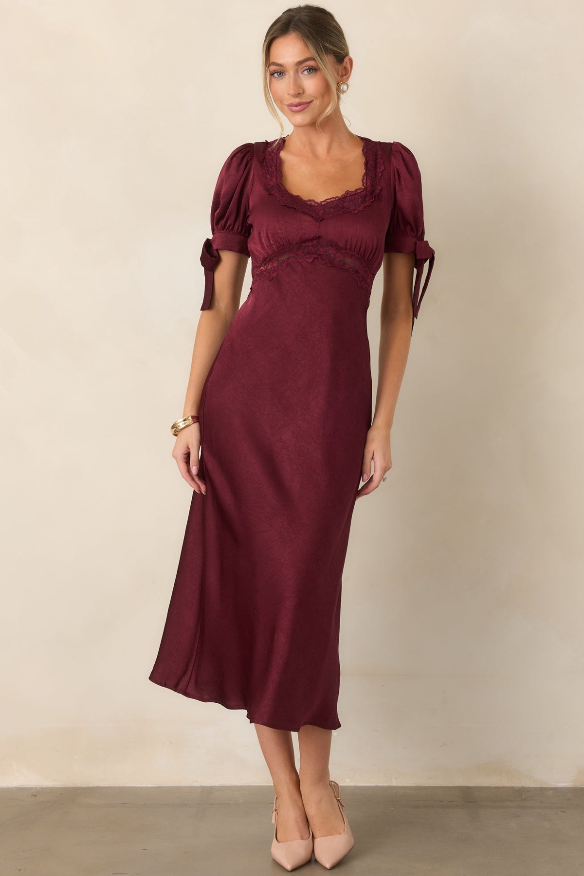 More Than a Feeling Burgundy Satin Lace Trim Midi Dress