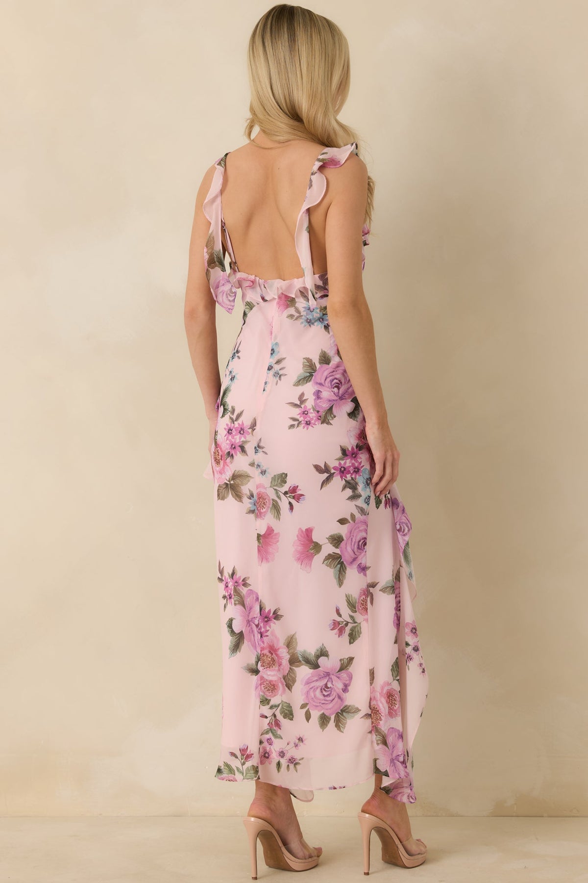 Into the Spell Lavender Multi Floral Ruffle Chiffon Sleeveless Maxi Dress