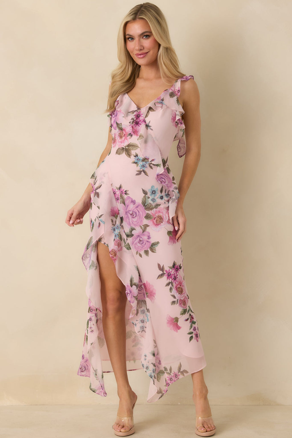 Into the Spell Lavender Multi Floral Ruffle Chiffon Sleeveless Maxi Dress