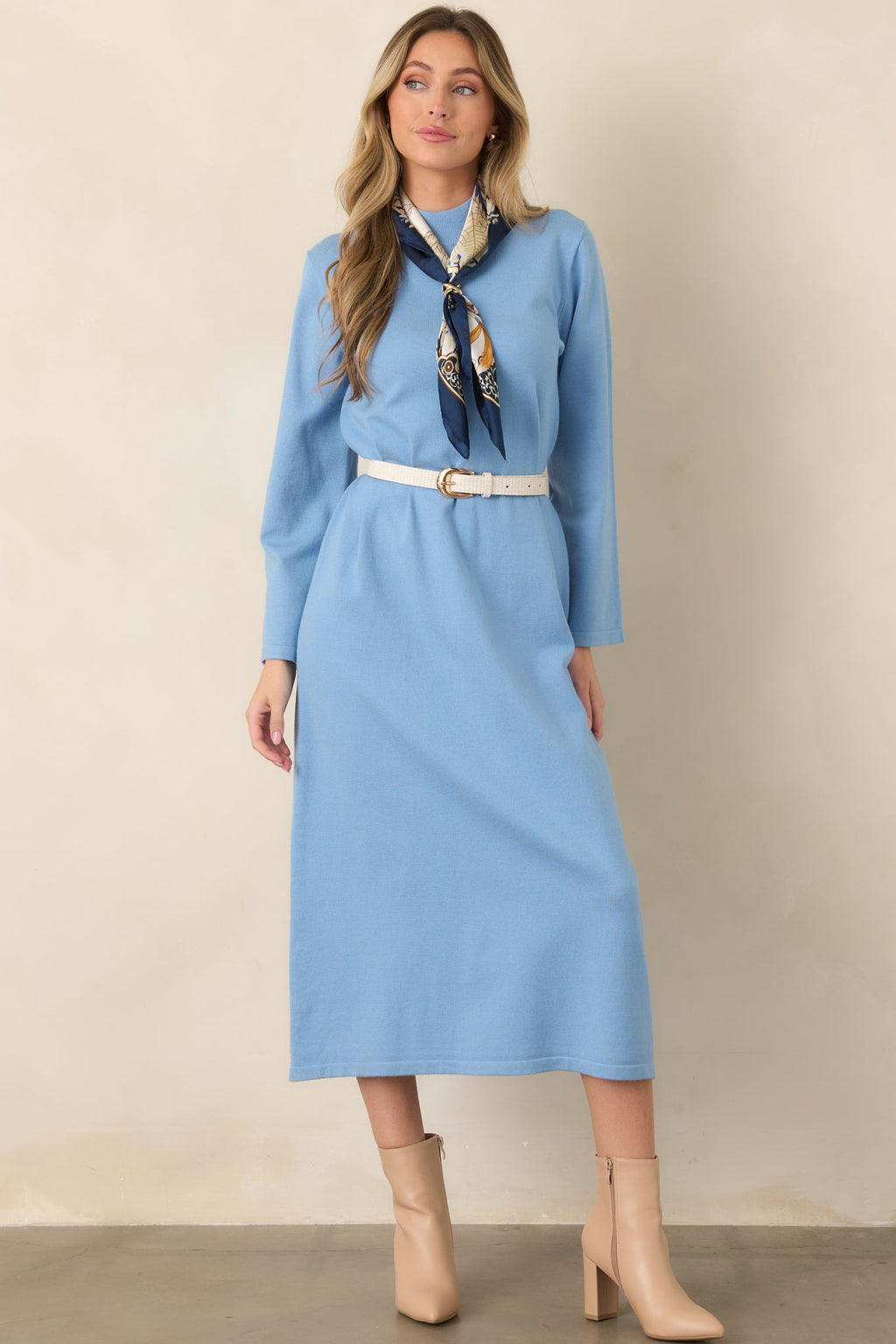 Simply Put Together Sky Blue Relaxed Knit Shift Midi Dress