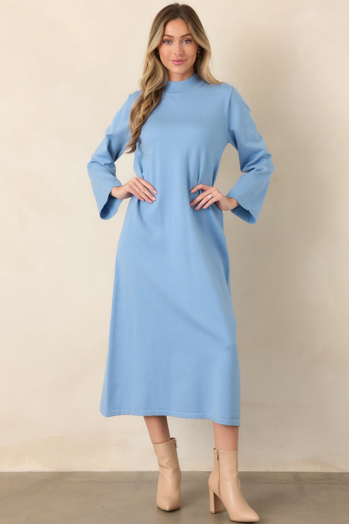 Simply Put Together Sky Blue Relaxed Knit Shift Midi Dress