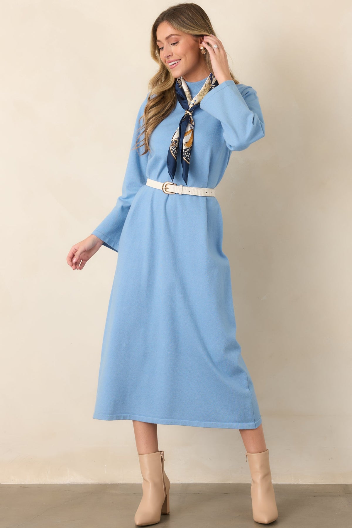 Simply Put Together Sky Blue Relaxed Knit Shift Midi Dress