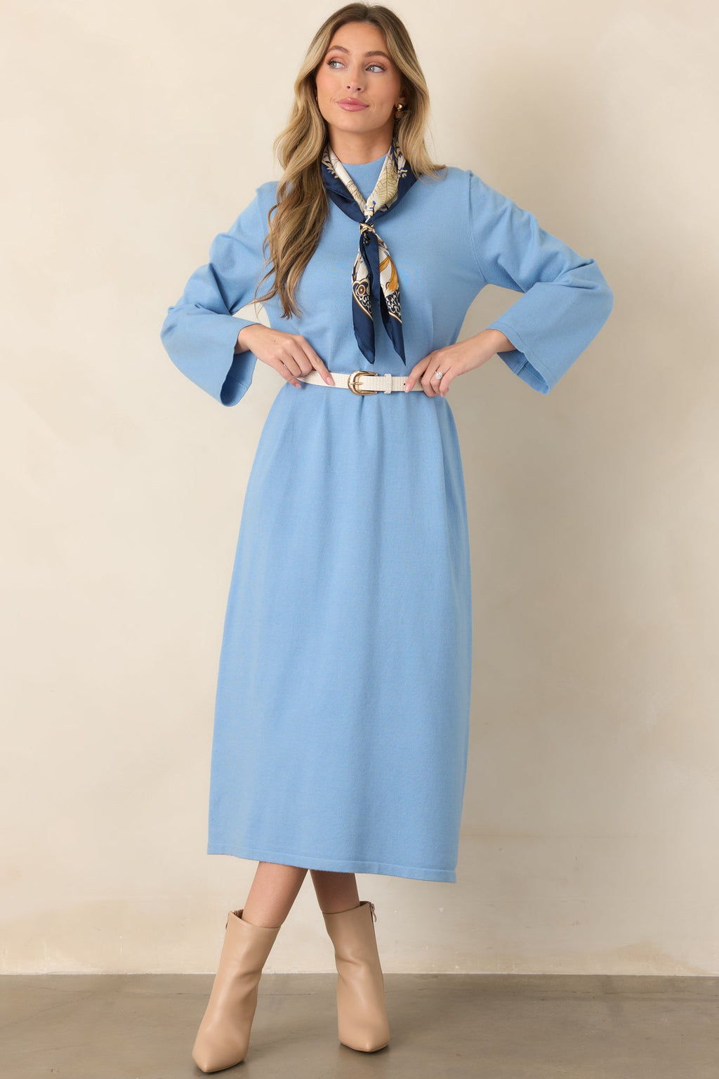 Simply Put Together Sky Blue Relaxed Knit Shift Midi Dress