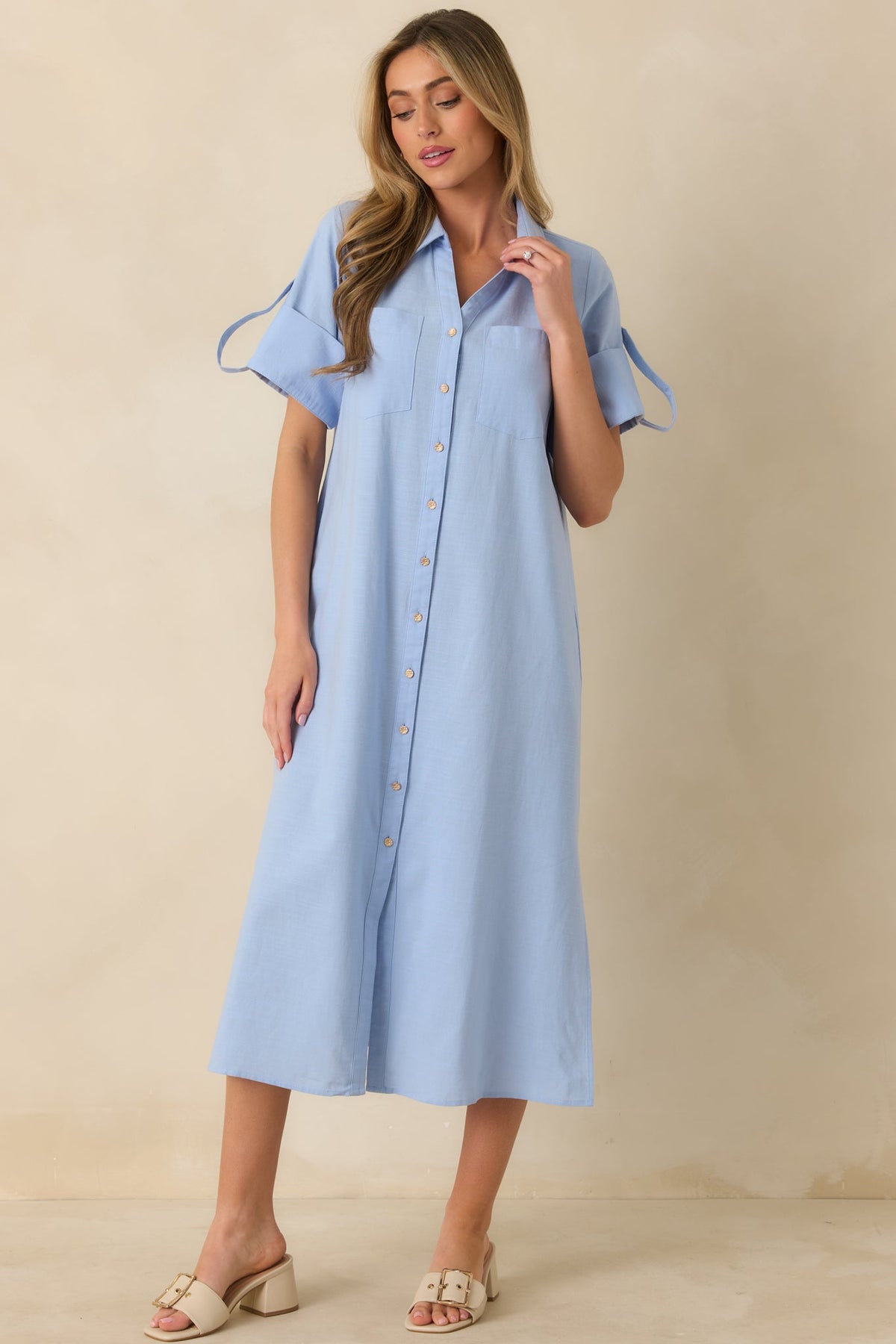 Show Me the Way Light Blue Cotton Button Front Midi Shirt Dress