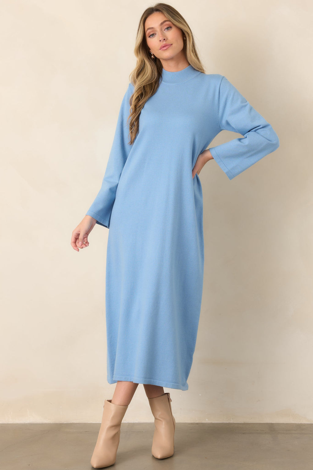 Simply Put Together Sky Blue Relaxed Knit Shift Midi Dress