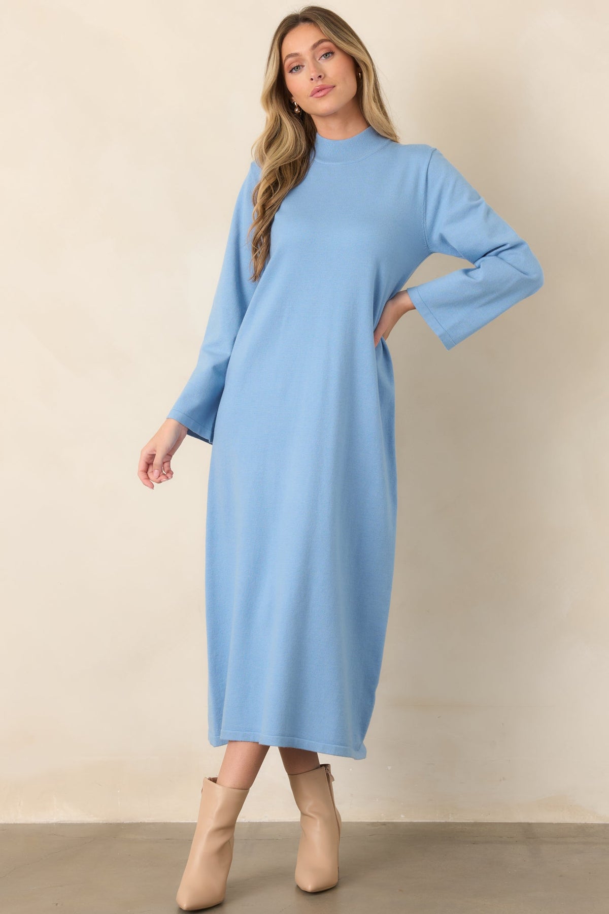 Simply Put Together Sky Blue Relaxed Knit Shift Midi Dress