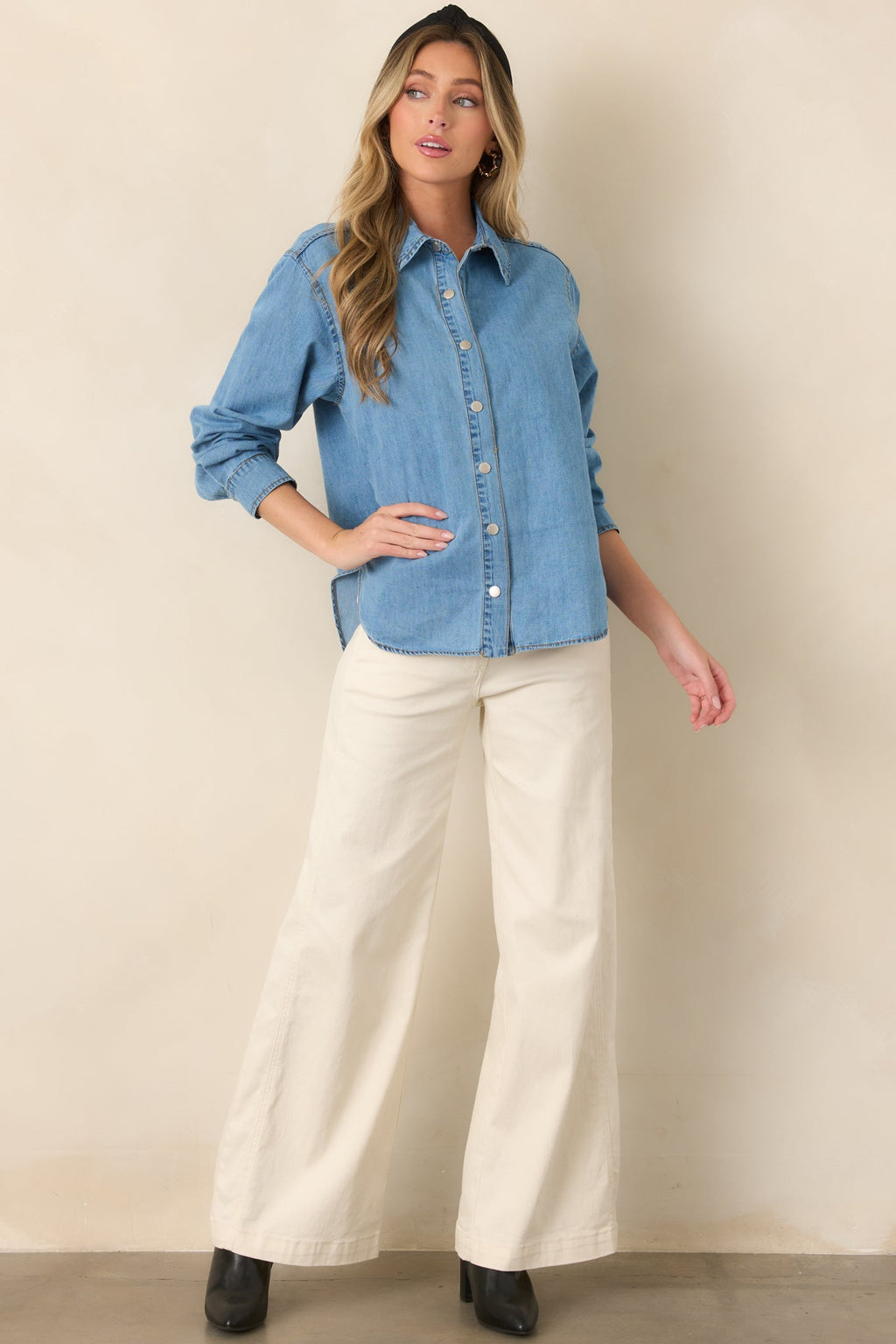 Just So Happens Light Wash Chambray Button Up Shirt