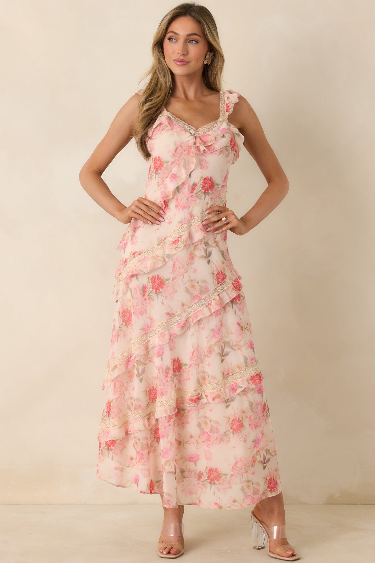 Yours Always Coral Pink Floral Lace & Ruffle Trim Midi Dress