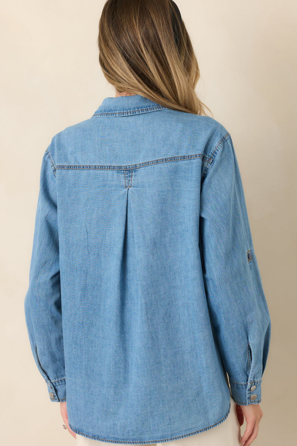 Just So Happens Light Wash Chambray Button Up Shirt
