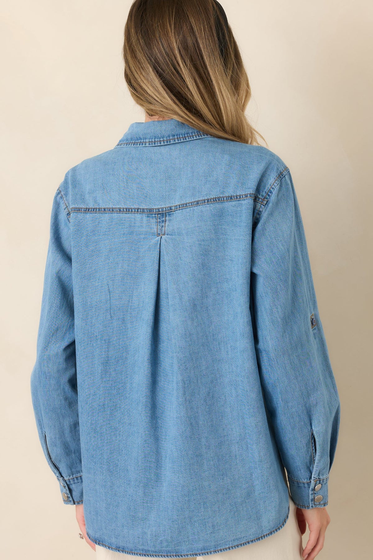 Just So Happens Light Wash Chambray Button Up Shirt