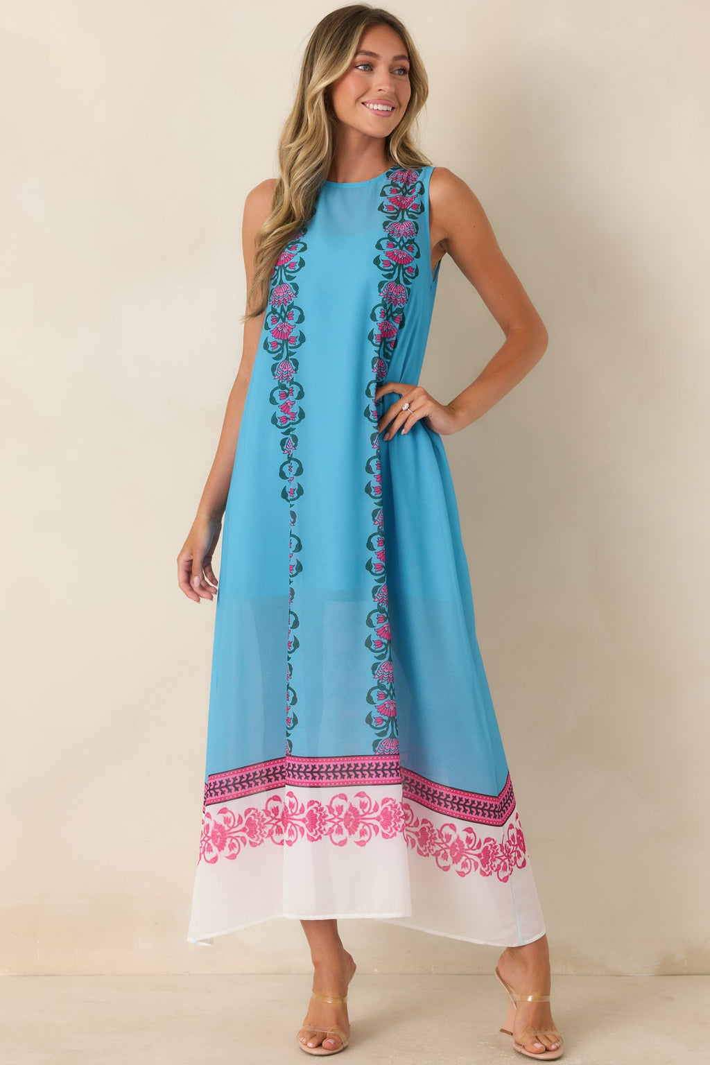 Cocktail Conversation Blue Floral Border Print Maxi Dress