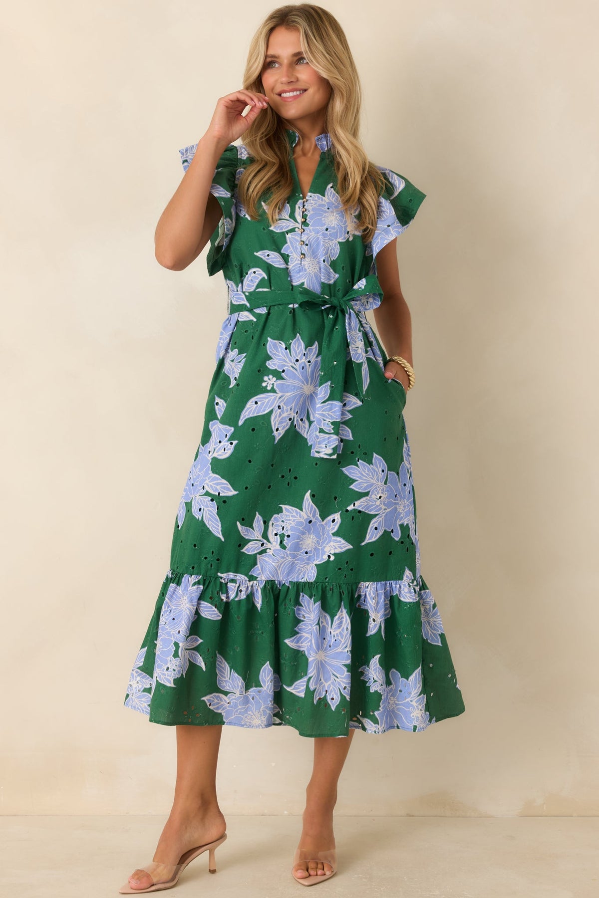 Fresh Air Affair Hunter Green & Blue Floral Cotton Eyelet Midi Dress