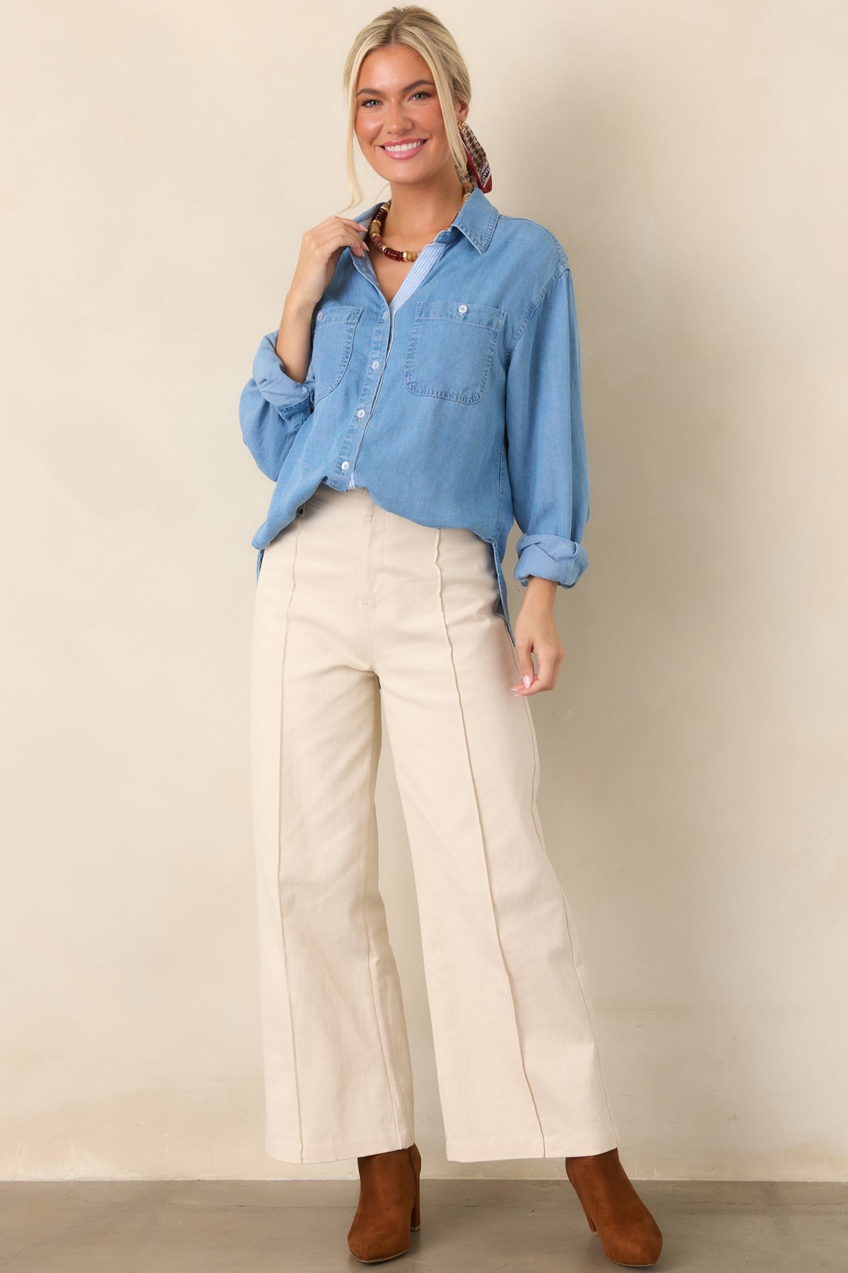 Laid Back Luxe Medium Wash Denim Button-Up Shirt