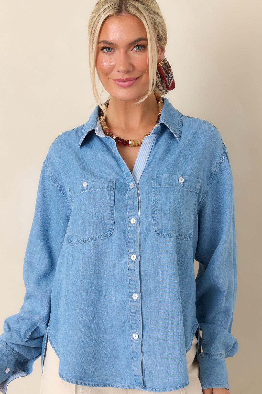 Laid Back Luxe Medium Wash Denim Button-Up Shirt