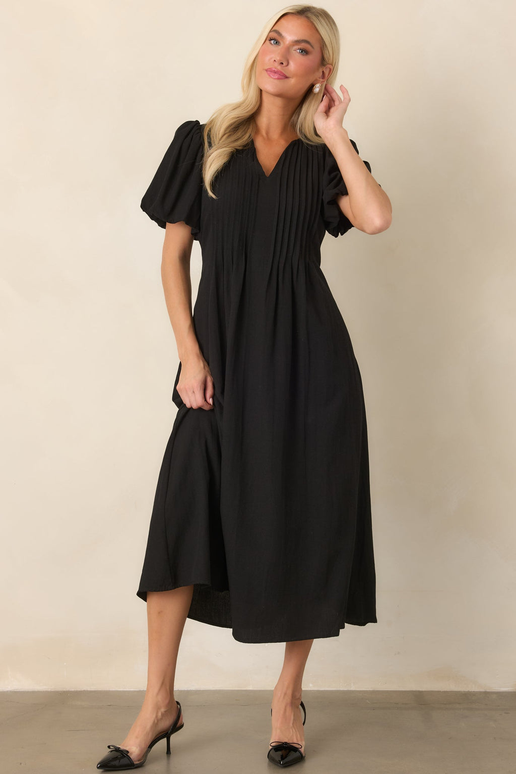Tucked Away Memories Black Pintuck Puff Sleeve Midi Dress
